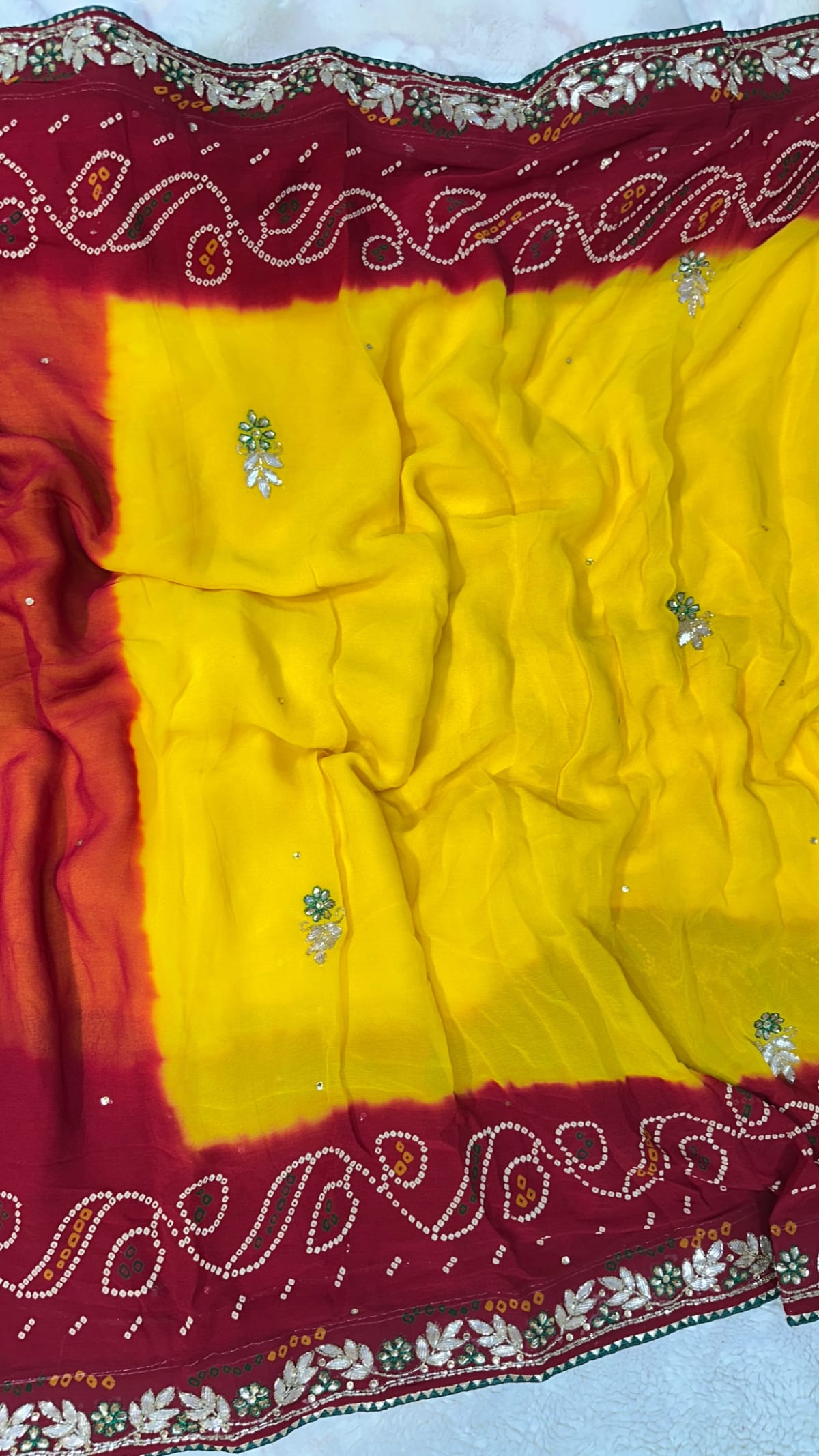 Lemon Yellow Designer Saree in Pure Viscose Georgette Fabric with Kundan Patti & Moti Work – Trending Festive & Wedding Wear Saree