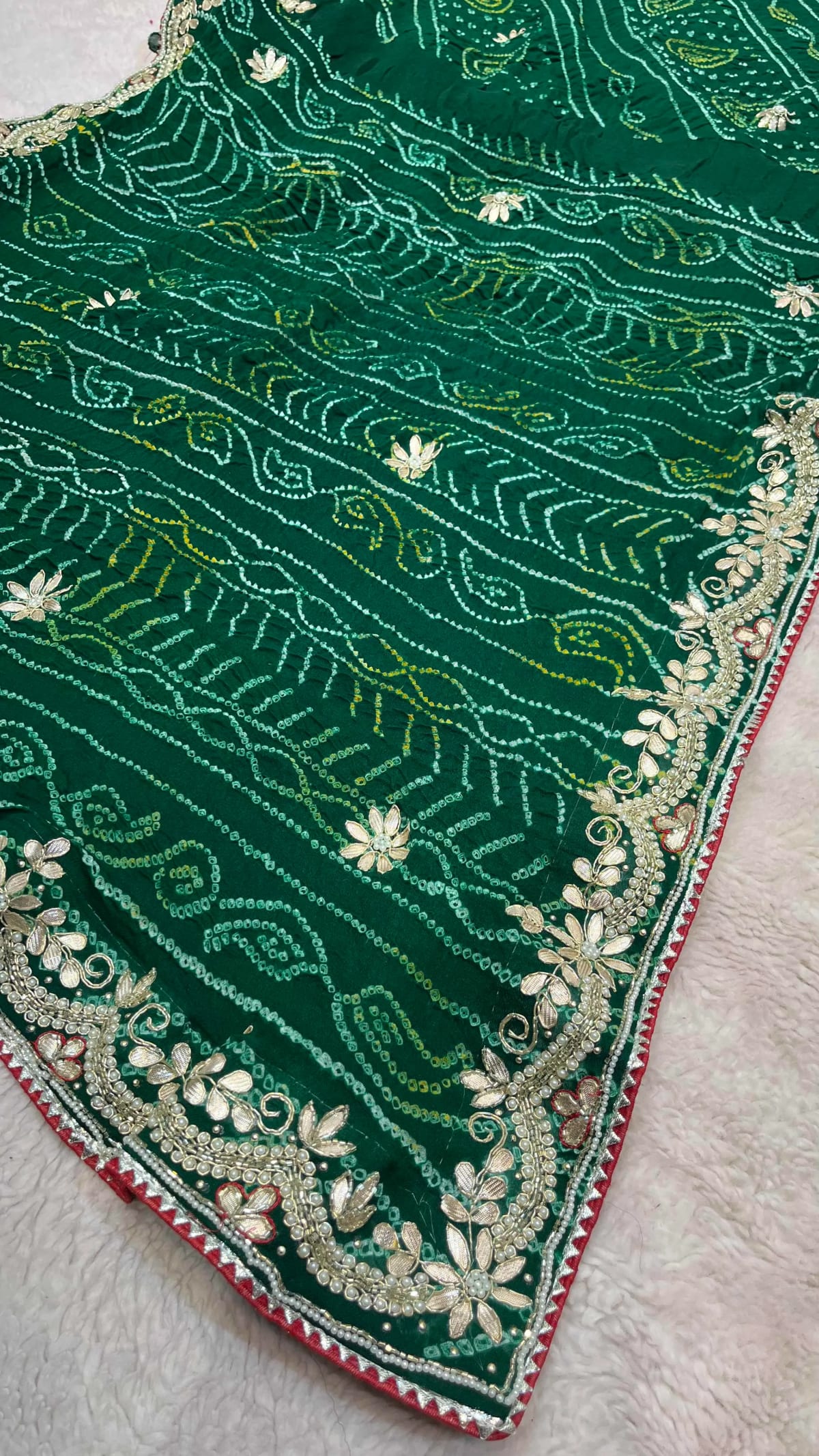 Handcrafted Pure Ojariya Fabric Saree with Kundan Zardosi Patti and Moti Embellishments