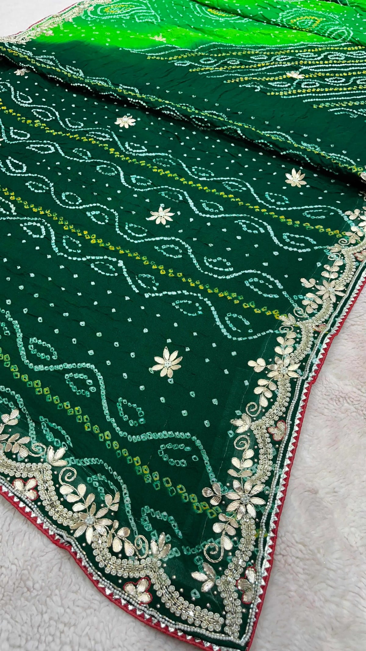 Handcrafted Pure Ojariya Fabric Saree with Kundan Zardosi Patti and Moti Embellishments