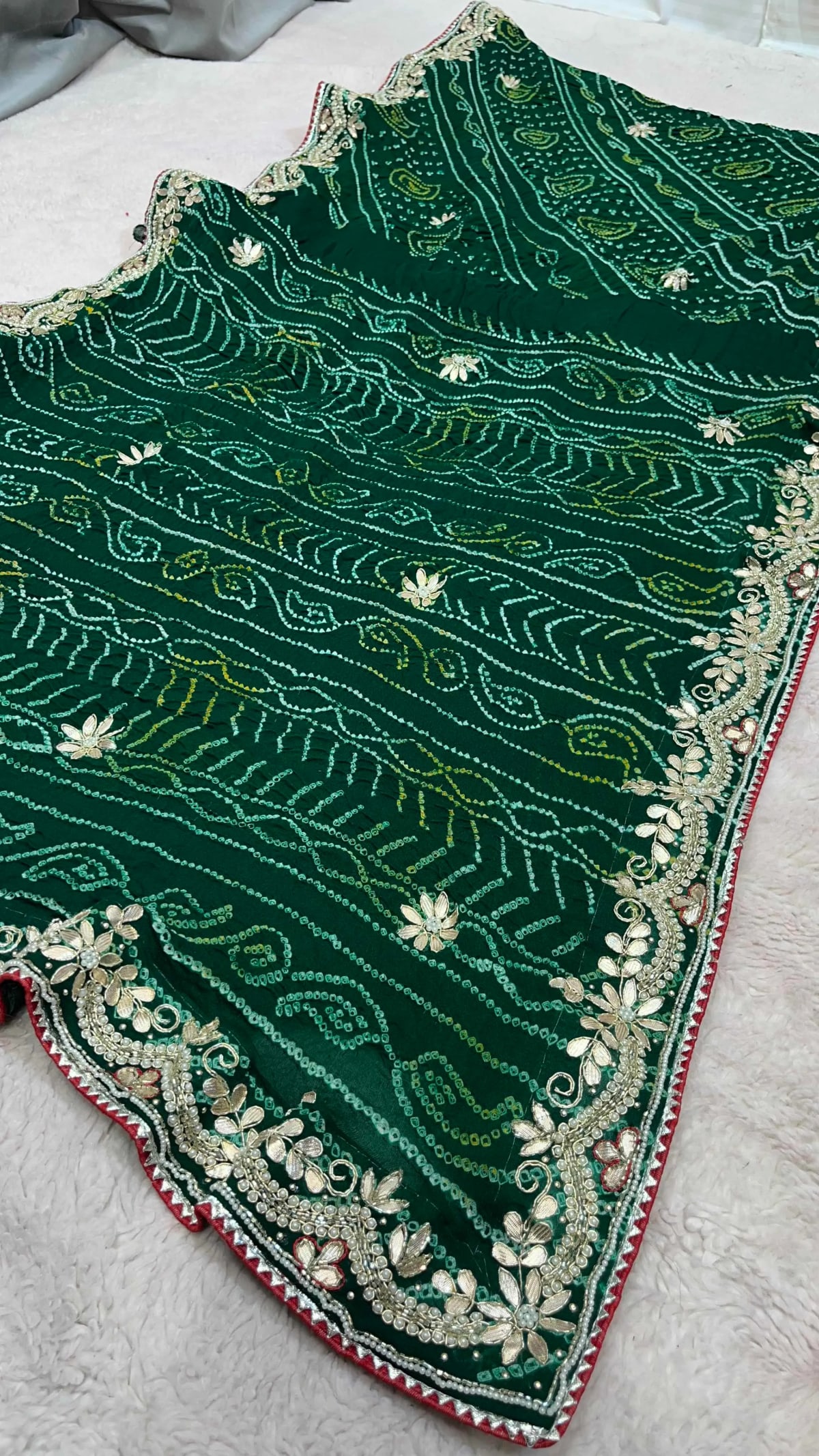 Handcrafted Pure Ojariya Fabric Saree with Kundan Zardosi Patti and Moti Embellishments