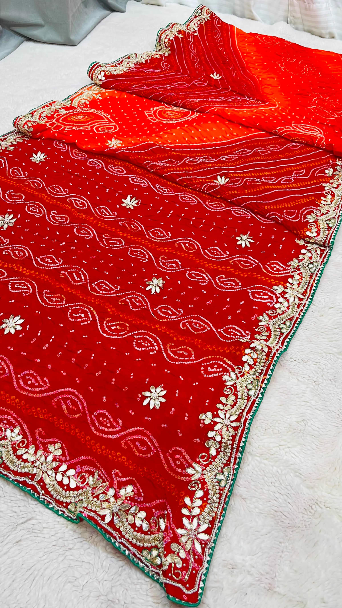 Handcrafted Pure Ojariya Fabric Saree with Kundan Zardosi Patti and Moti Embellishments