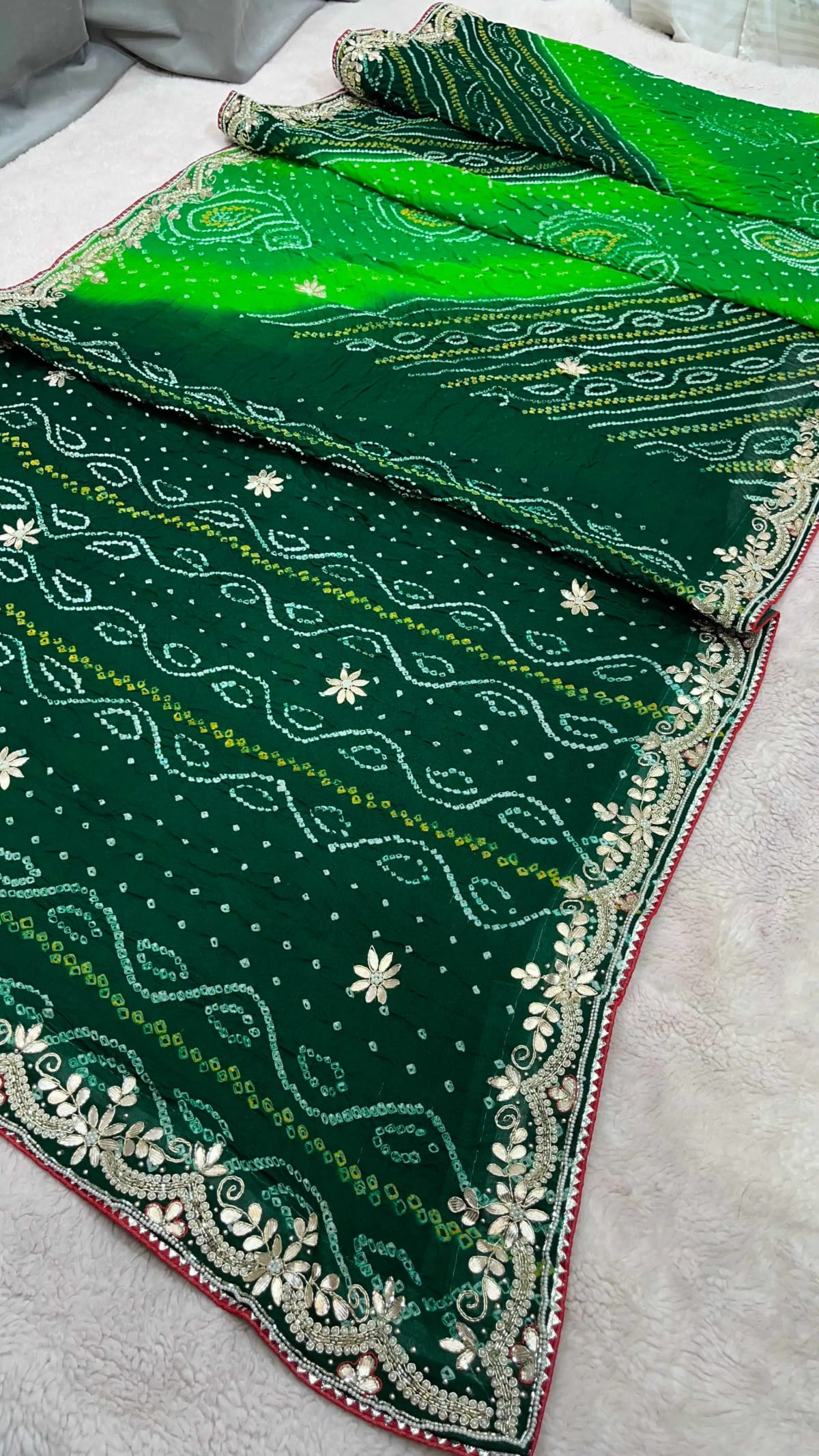 Handcrafted Pure Ojariya Fabric Saree with Kundan Zardosi Patti and Moti Embellishments