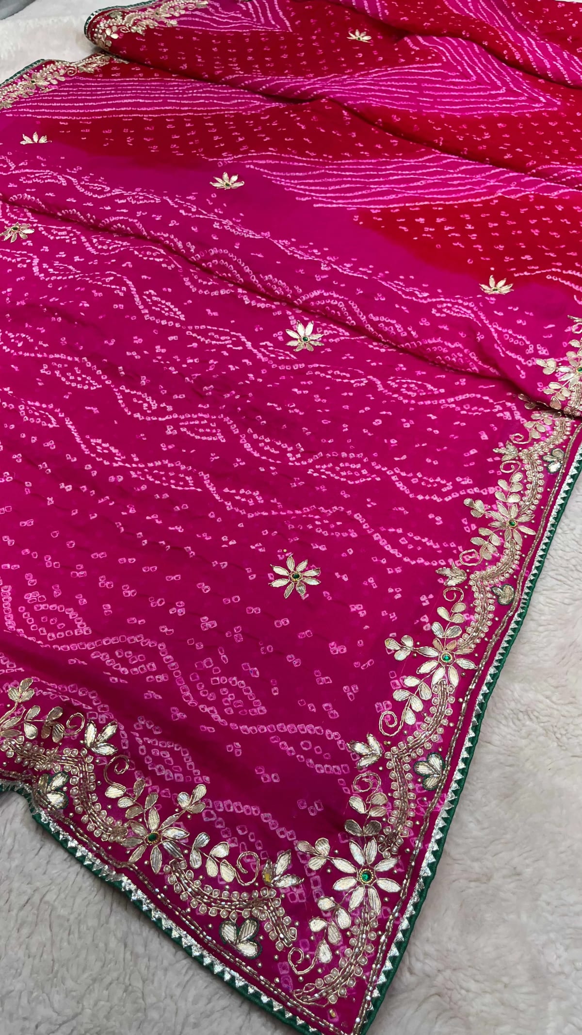 Handcrafted Pure Ojariya Fabric Saree with Kundan Zardosi Patti and Moti Embellishments