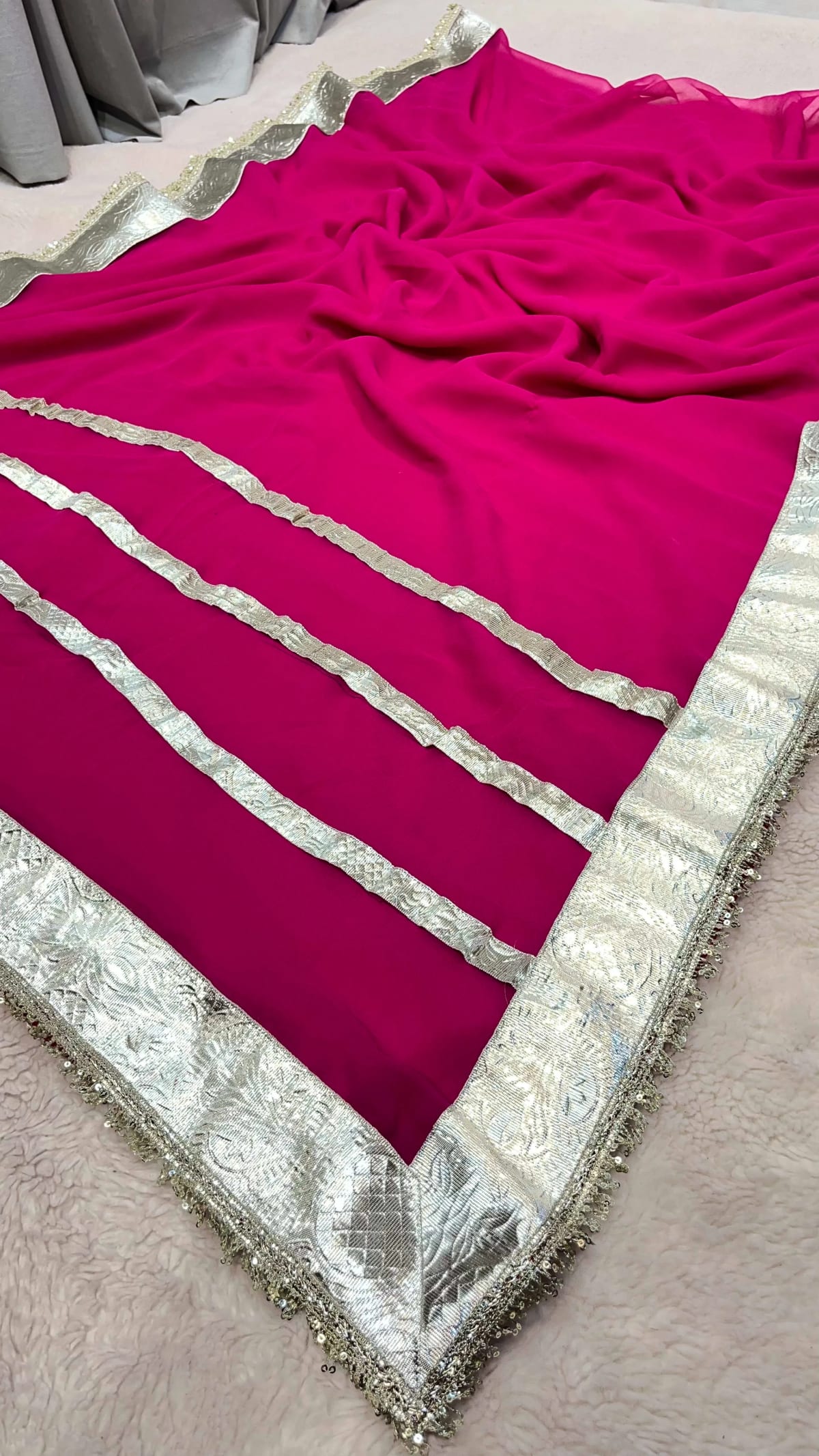 Flowy Georgette Fabric Saree Accented with Traditional Gota Patta Handwork