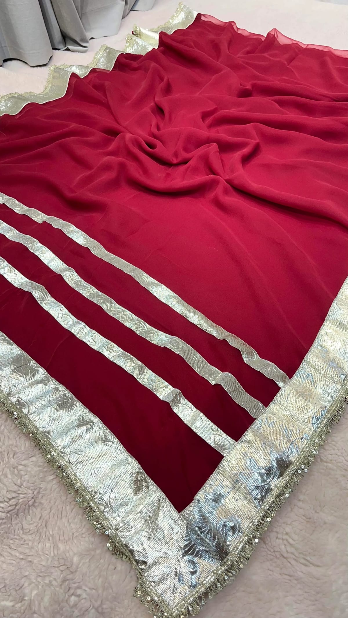 Flowy Georgette Fabric Saree Accented with Traditional Gota Patta Handwork