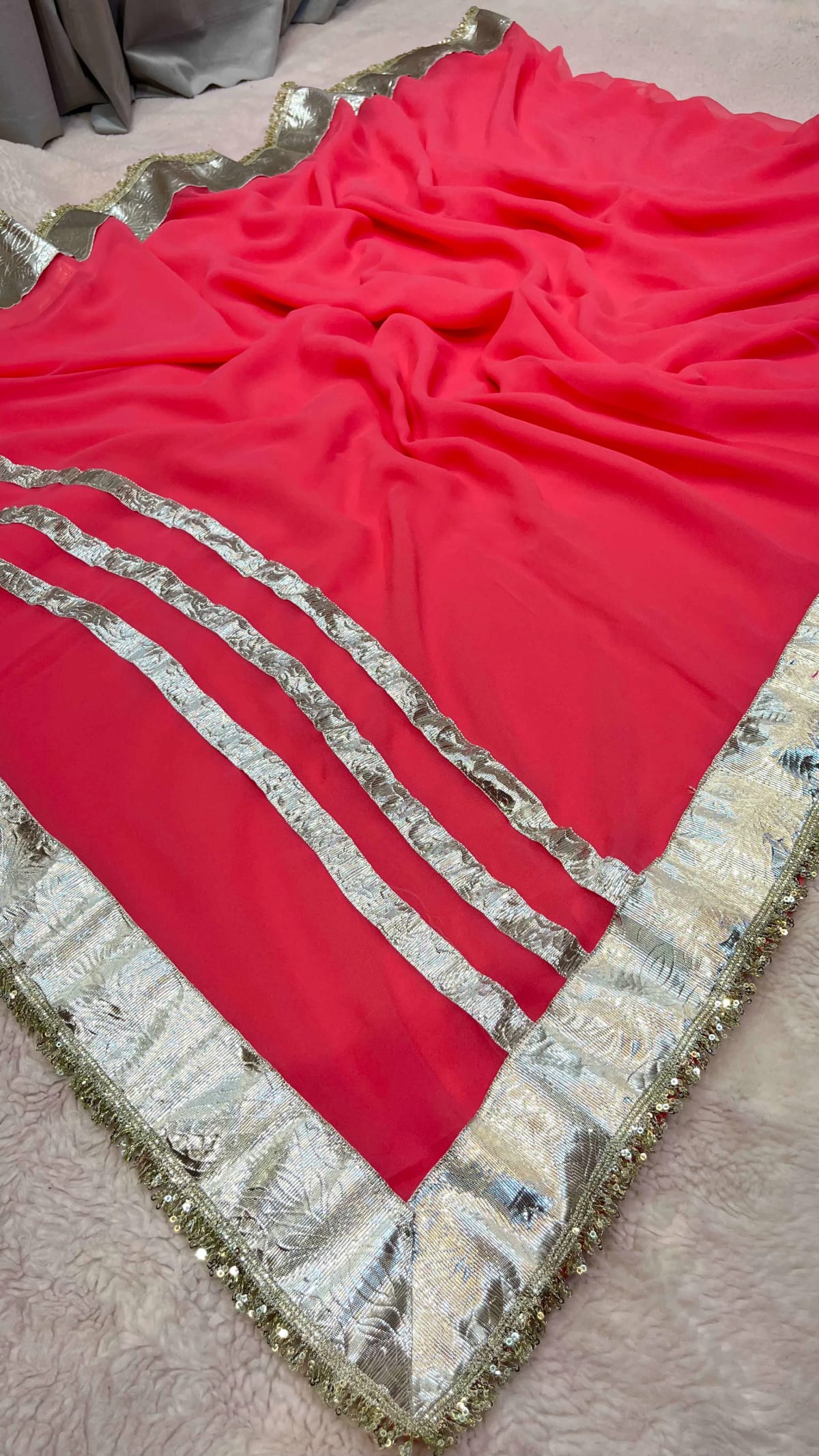 Flowy Georgette Fabric Saree Accented with Traditional Gota Patta Handwork