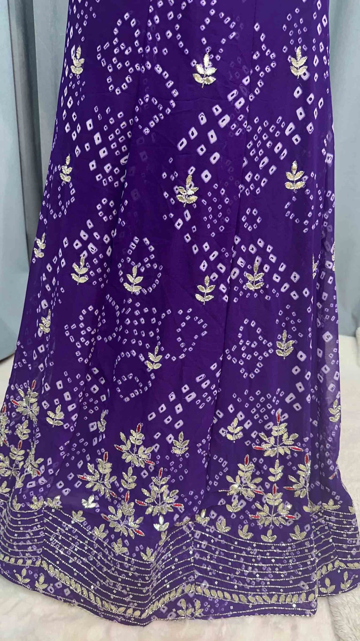 Fancy Bandhej Lehenga Chunni Set in Fine Georgette Fabric with Kundan Moti Patti Work – Elegant Festive & Bridal Ethnic Wear