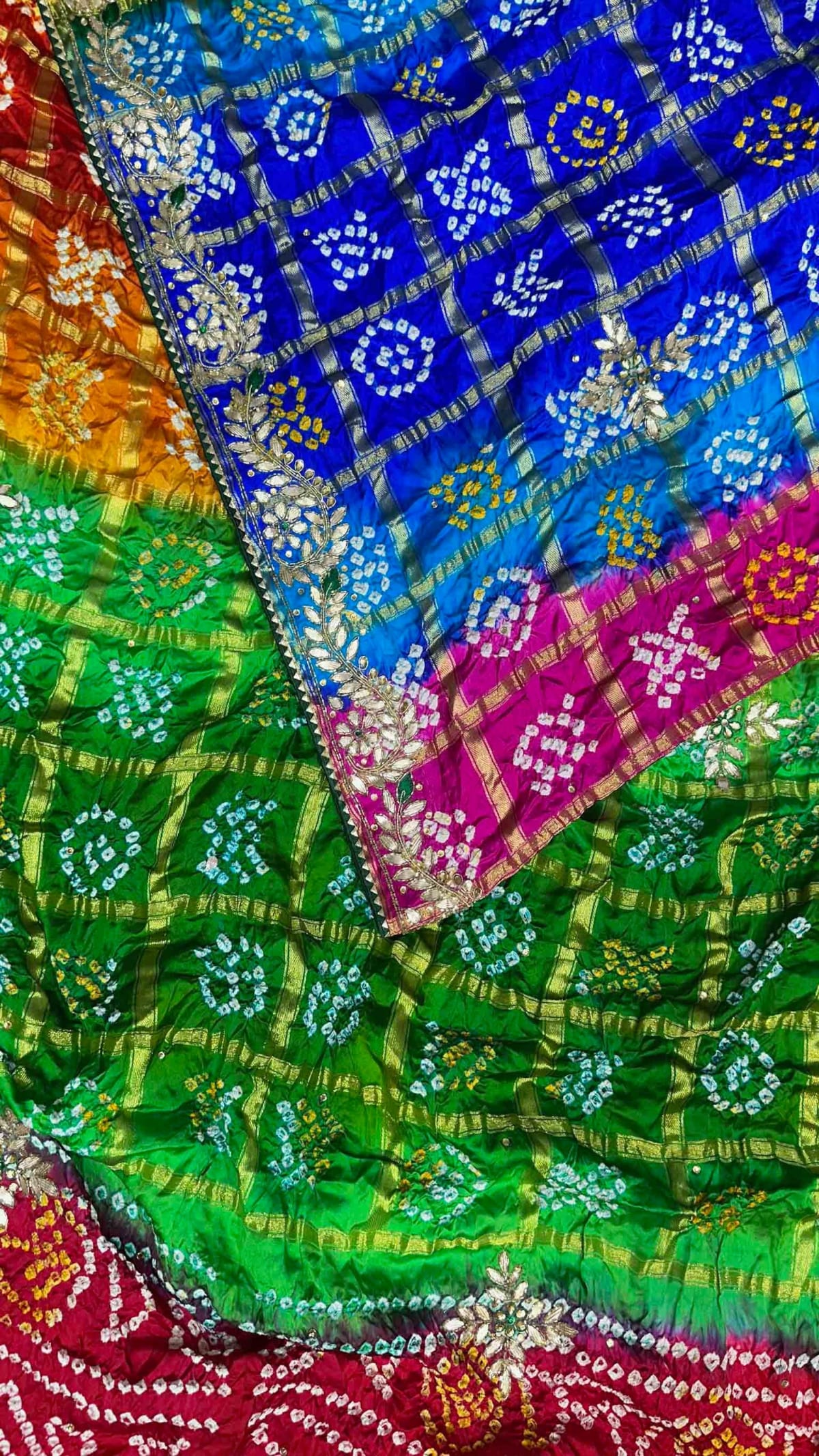 Multi Shade Bandhej Gaji Silk Fabric Saree with Handcrafted Lakdi Patta, Zardozi Kundan & Moti Patti Work – Designer Festive & Bridal Wear