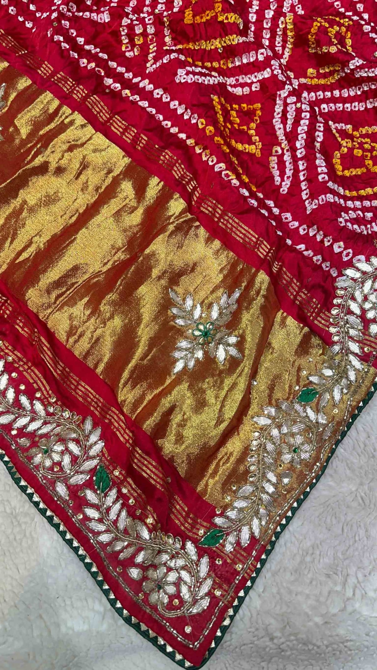 Multi Shade Bandhej Gaji Silk Fabric Saree with Handcrafted Lakdi Patta, Zardozi Kundan & Moti Patti Work – Designer Festive & Bridal Wear