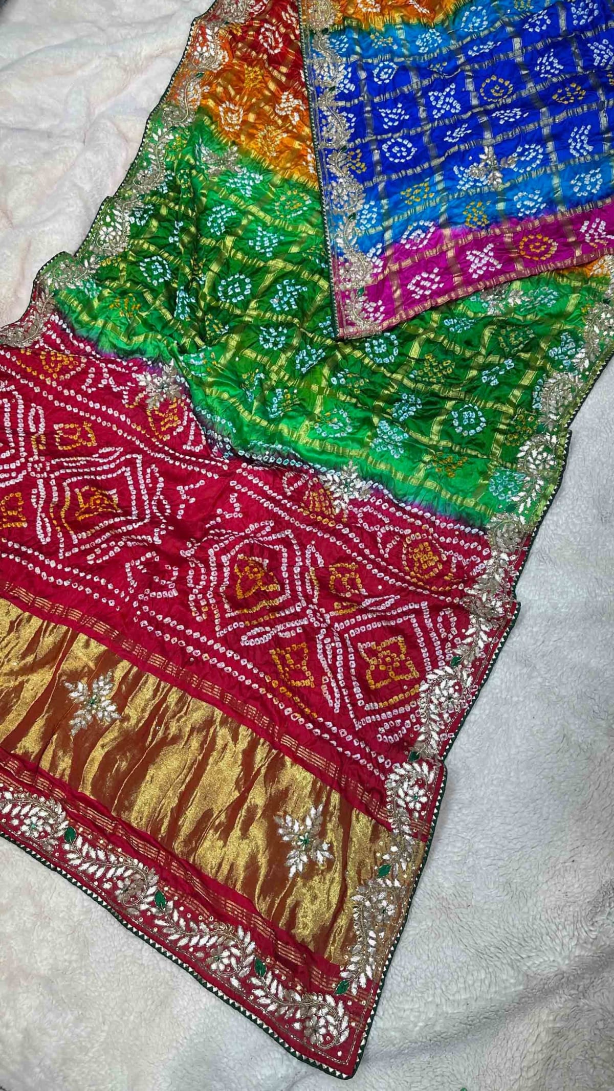 Multi Shade Bandhej Gaji Silk Fabric Saree with Handcrafted Lakdi Patta, Zardozi Kundan & Moti Patti Work – Designer Festive & Bridal Wear