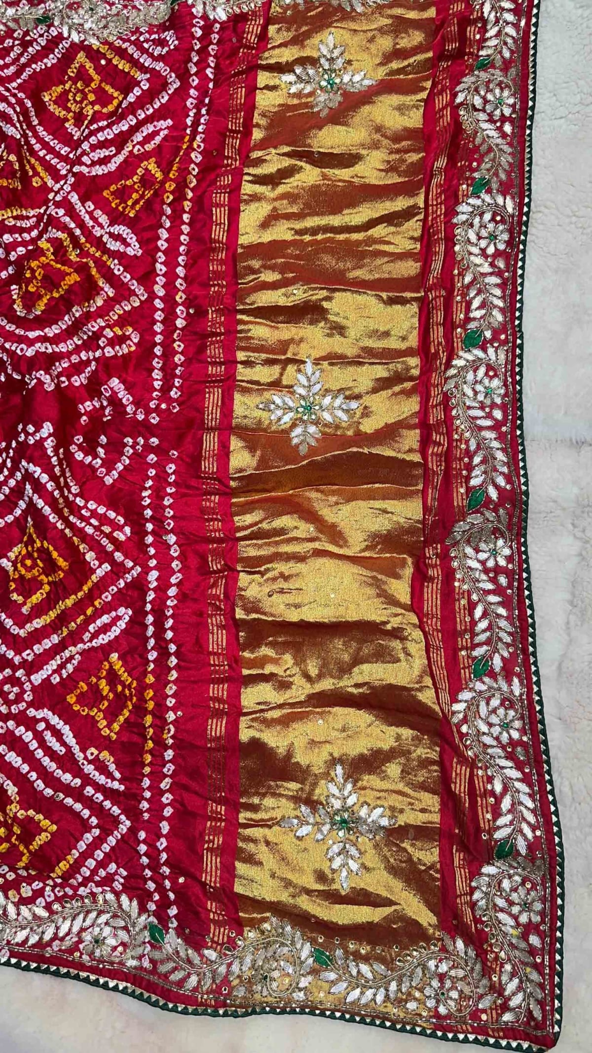 Multi Shade Bandhej Gaji Silk Fabric Saree with Handcrafted Lakdi Patta, Zardozi Kundan & Moti Patti Work – Designer Festive & Bridal Wear