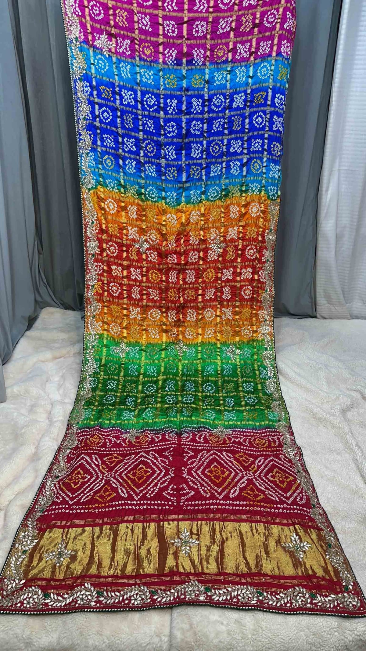 Multi Shade Bandhej Gaji Silk Fabric Saree with Handcrafted Lakdi Patta, Zardozi Kundan & Moti Patti Work – Designer Festive & Bridal Wear
