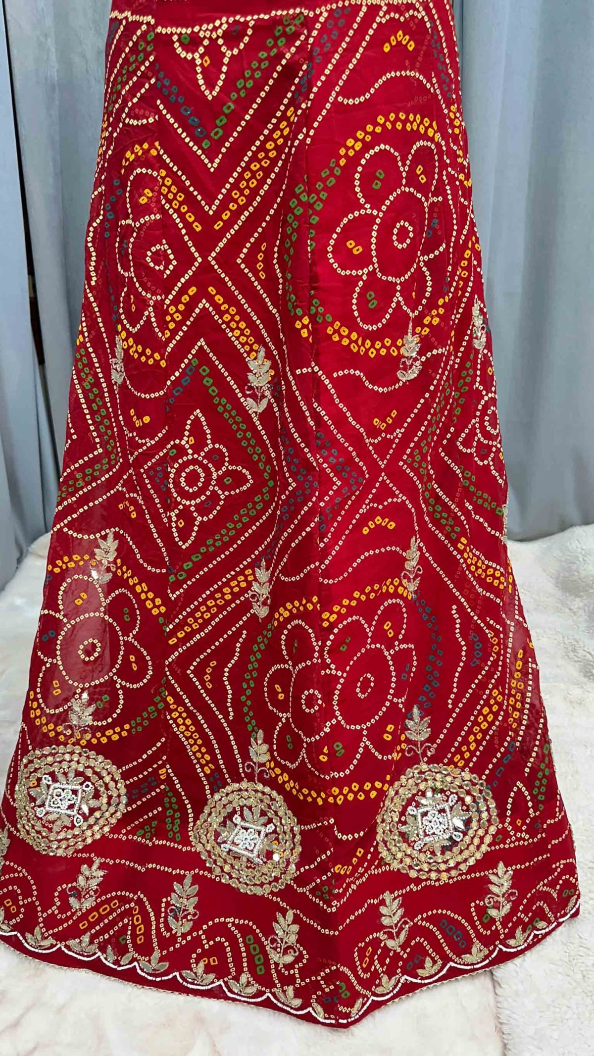 Fancy Bandhej Lehenga Chunni Set in Fine Georgette Fabric with Kundan Moti Patti Work – Elegant Ethnic Bridal & Festive Wear