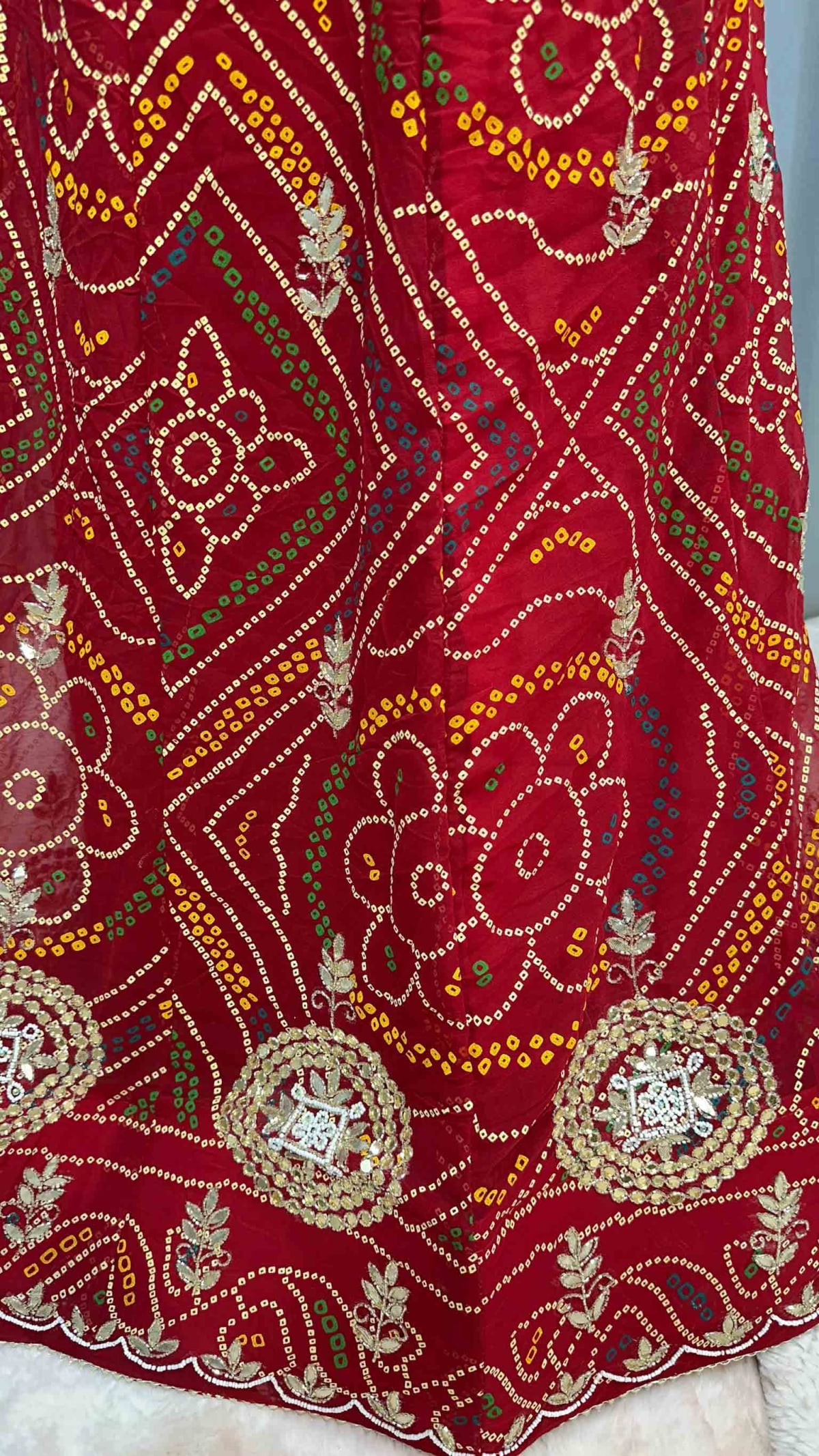 Fancy Bandhej Lehenga Chunni Set in Fine Georgette Fabric with Kundan Moti Patti Work – Elegant Ethnic Bridal & Festive Wear