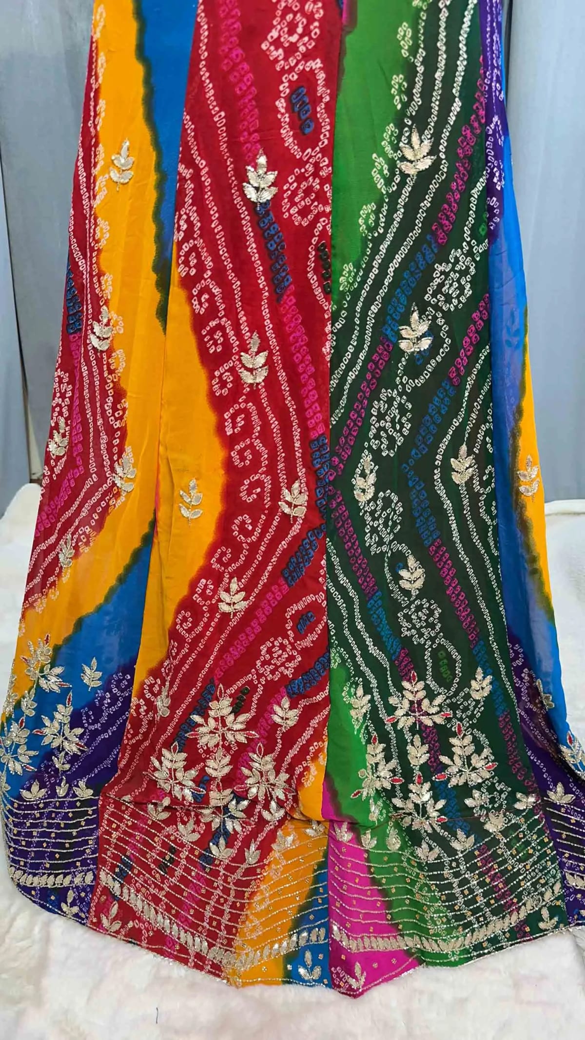 Fancy Multi Shade Bandhej Lehenga Chunni Set in Fine Georgette Fabric with Kundan Moti Patti Work – Trendy Festive & Wedding Wear