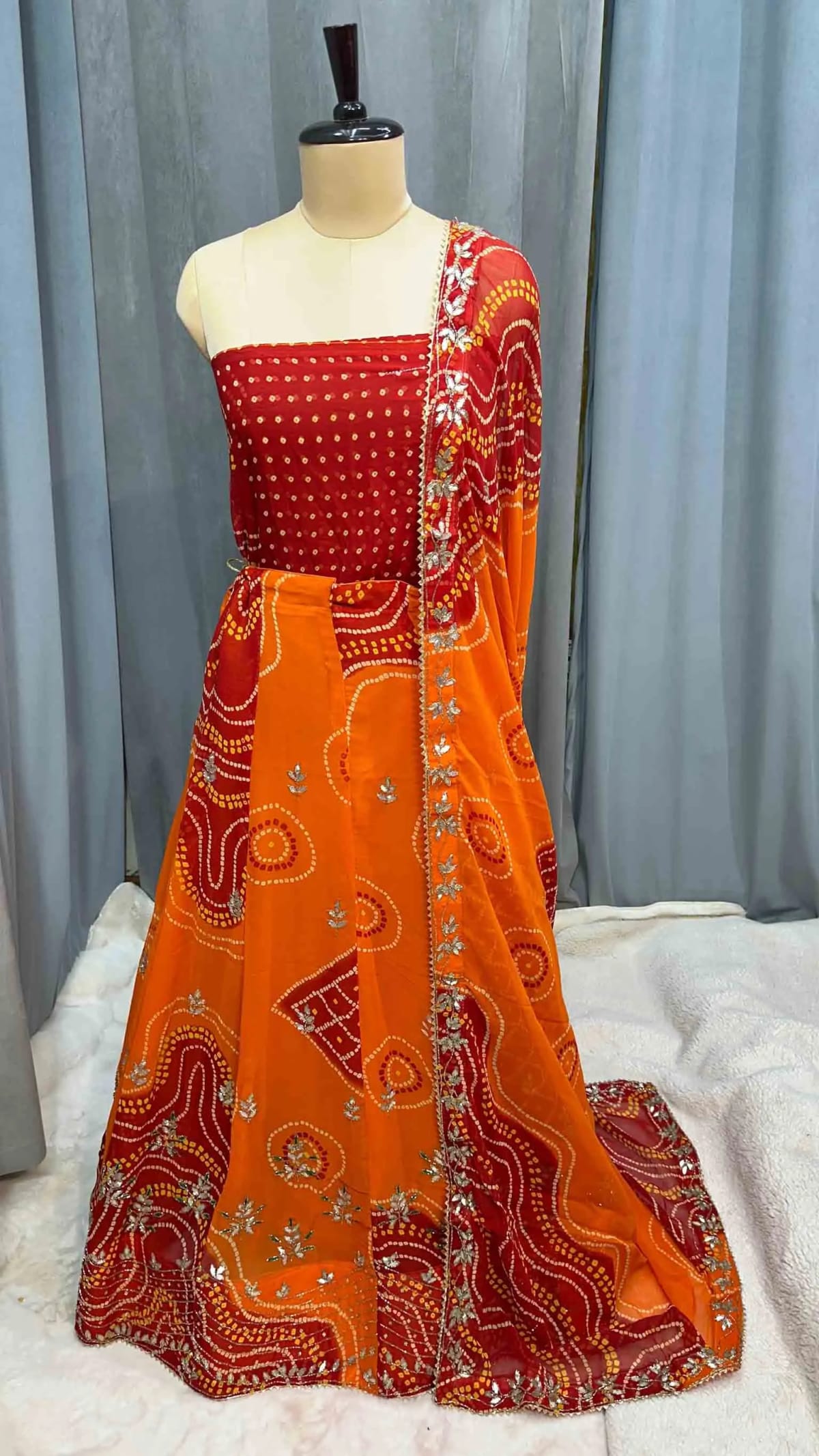 Fancy Bandhej Lehenga Chunni Set in Fine Georgette Fabric with Kundan Moti Patti Work – Stylish Ethnic Wear for Weddings & Festive Occasions