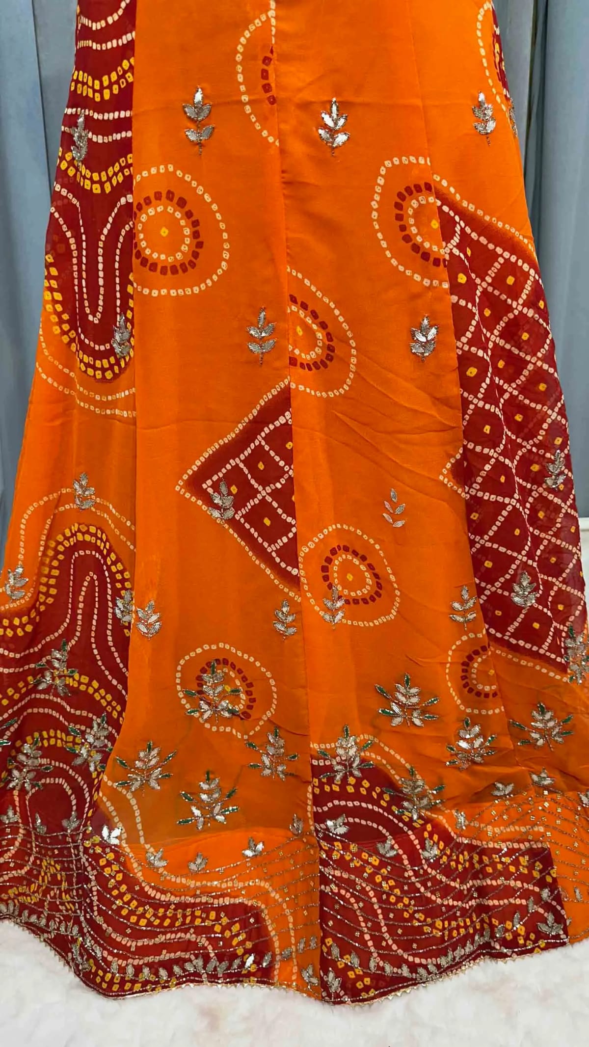 Fancy Bandhej Lehenga Chunni Set in Fine Georgette Fabric with Kundan Moti Patti Work – Stylish Ethnic Wear for Weddings & Festive Occasions