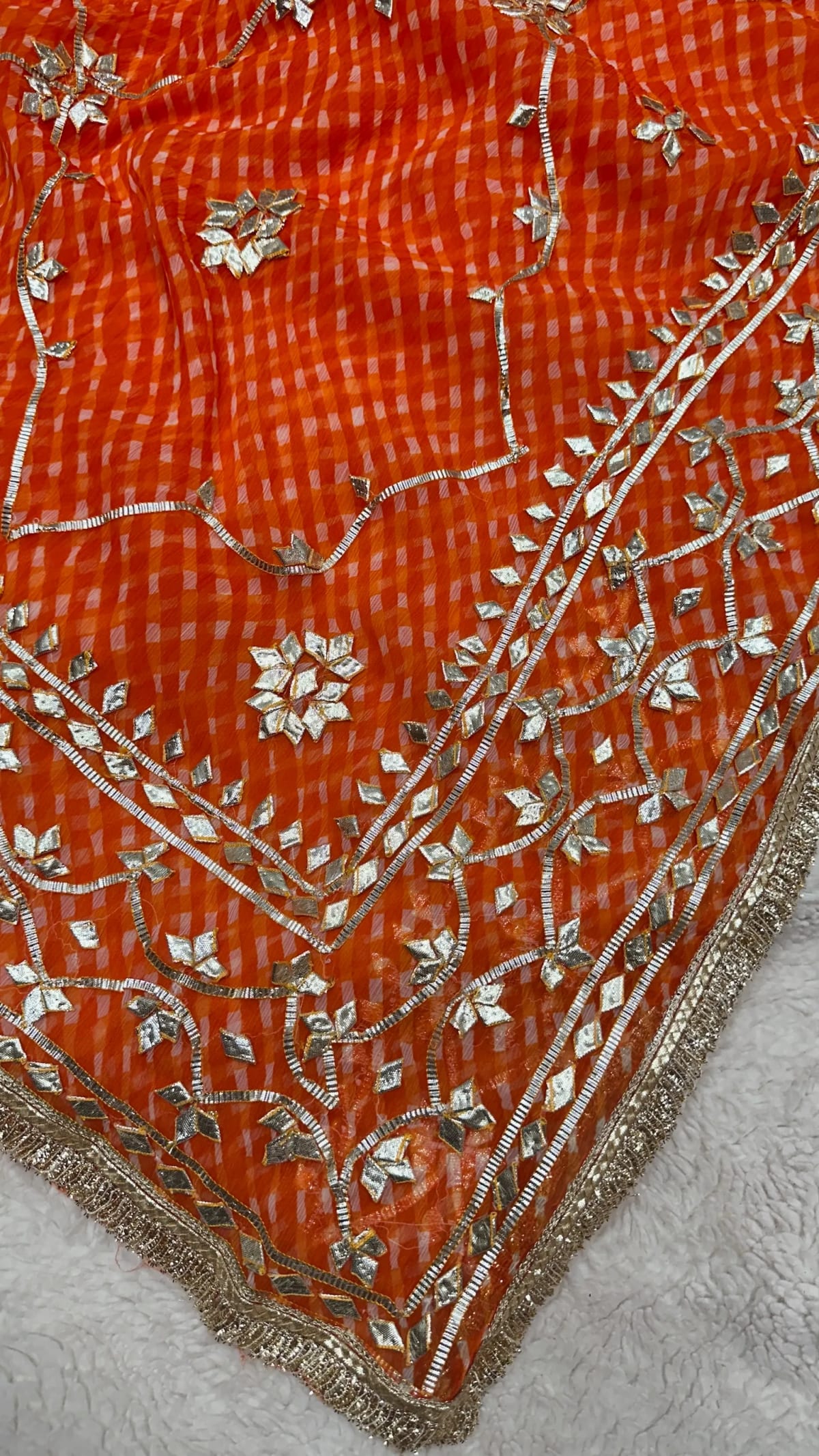 Lehriya Motra Saree with Handmade Kacha Gotta Jaal Work in Art Chiffon