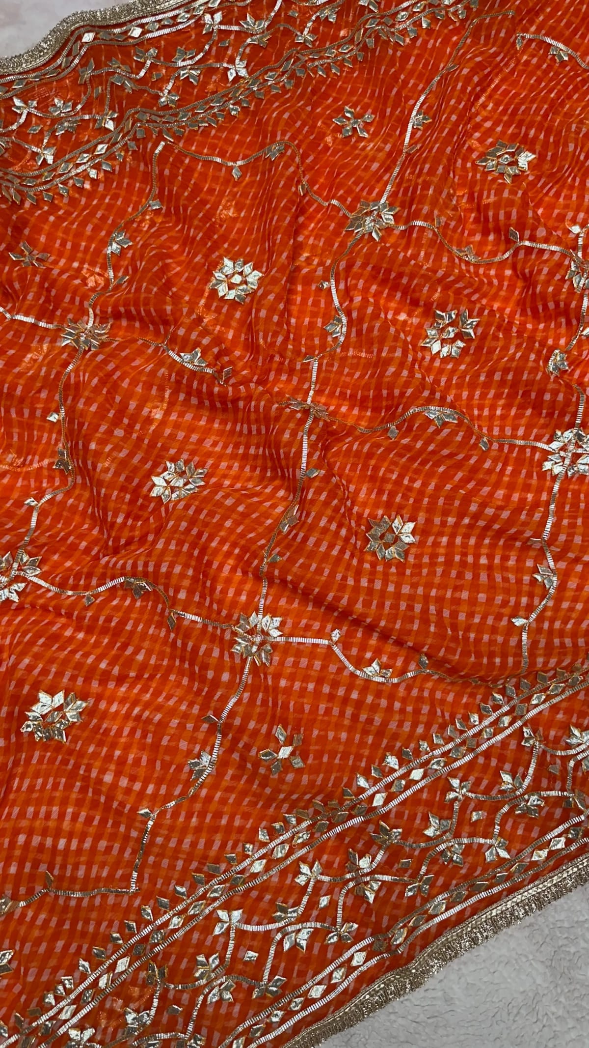 Lehriya Motra Saree with Handmade Kacha Gotta Jaal Work in Art Chiffon