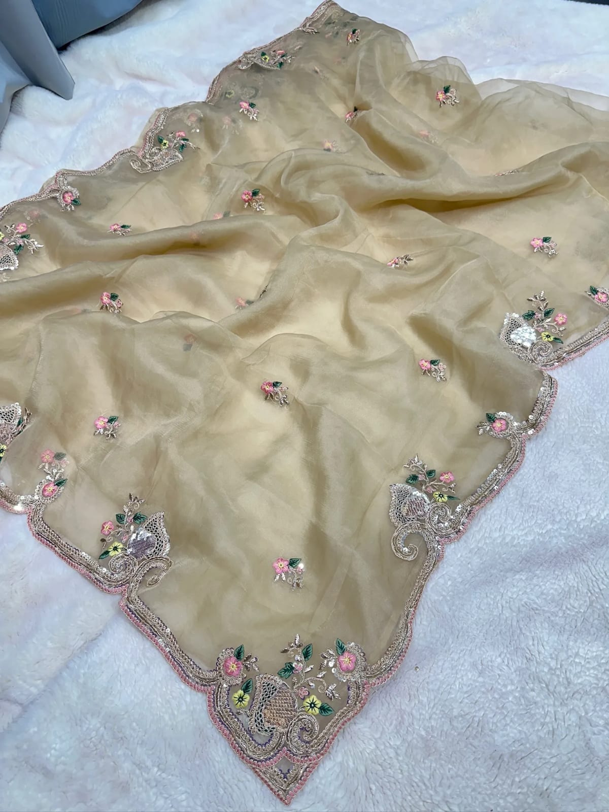 Designer Rush Georgette Fabric Saree with Zari Embroidery Sequins Work – Trending Party Wear & Wedding Saree