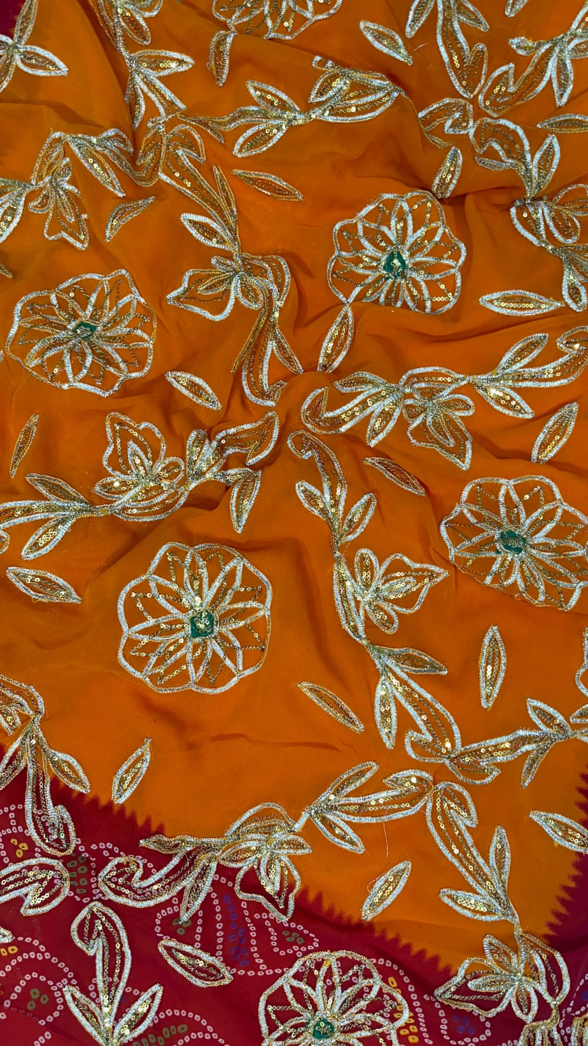 Jaipuri Bandhej Piliya Saree with Gotta Patti Sequence Work and Fine Georget Fabric