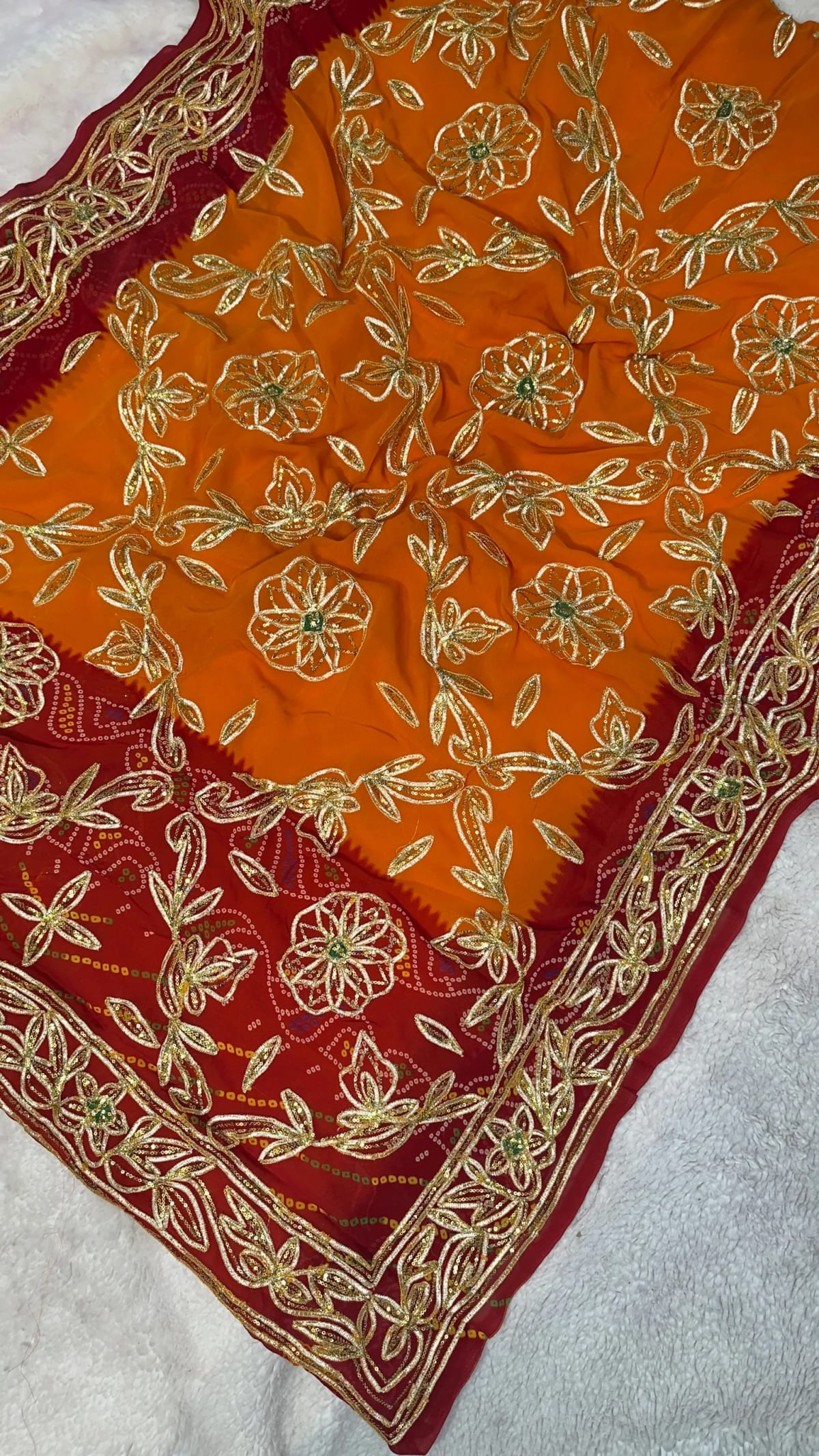 Jaipuri Bandhej Piliya Saree with Gotta Patti Sequence Work and Fine Georget Fabric