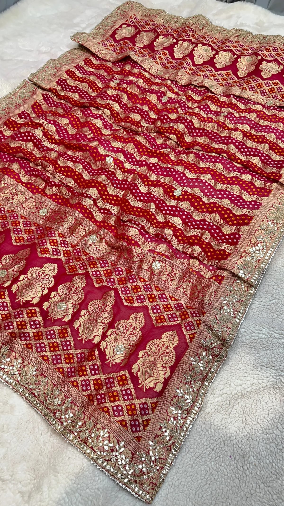 Khadi Zari Bandhej Dupatta in Pure Viscose Georgette with Handmade Zardozi Moti & Zero Gotta Patti Work