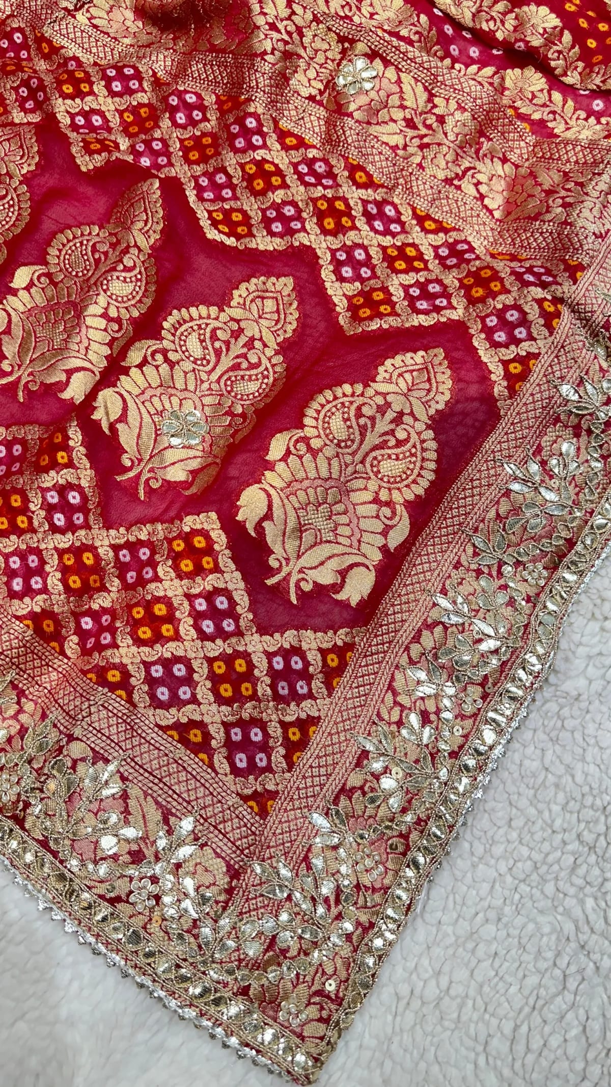 Khadi Zari Bandhej Dupatta in Pure Viscose Georgette with Handmade Zardozi Moti & Zero Gotta Patti Work