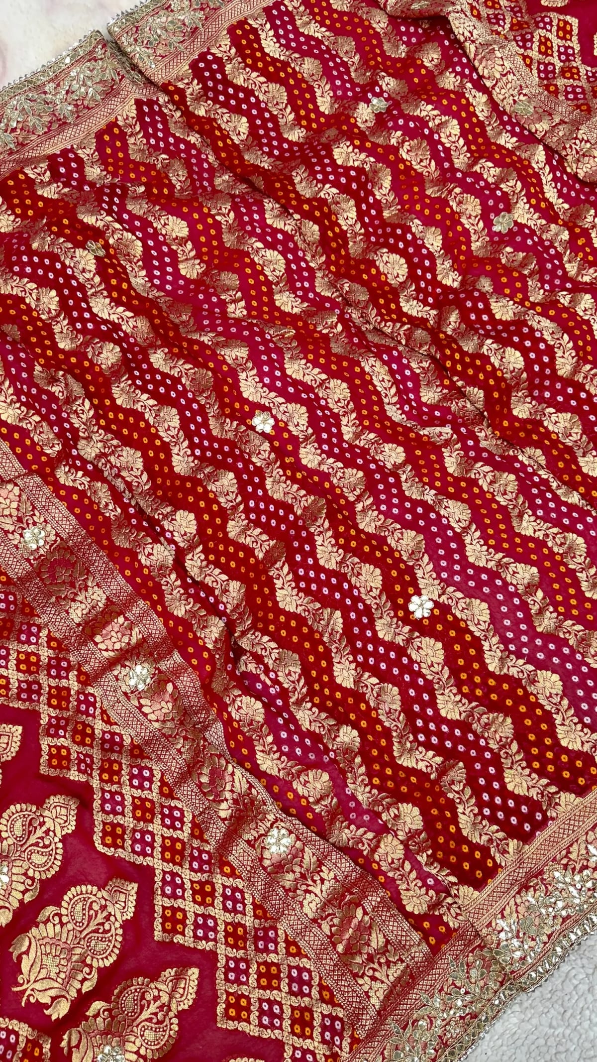 Khadi Zari Bandhej Dupatta in Pure Viscose Georgette with Handmade Zardozi Moti & Zero Gotta Patti Work