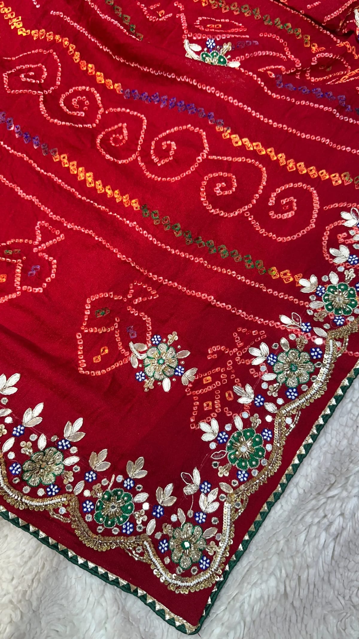 Hand Bandhej Chundri Dupatta with Zardozi Kundan Moti Patti Work in Ojariya Crepe Fabric