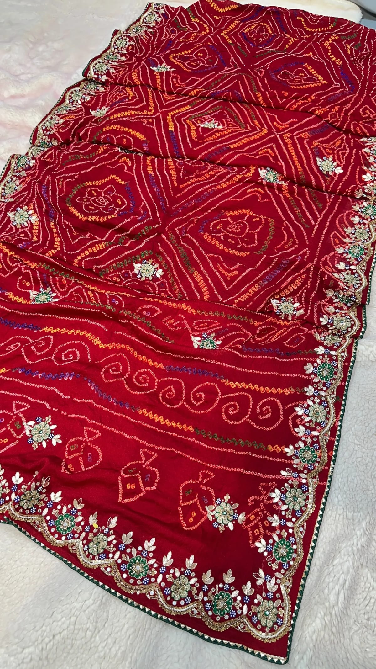 Hand Bandhej Chundri Dupatta with Zardozi Kundan Moti Patti Work in Ojariya Crepe Fabric
