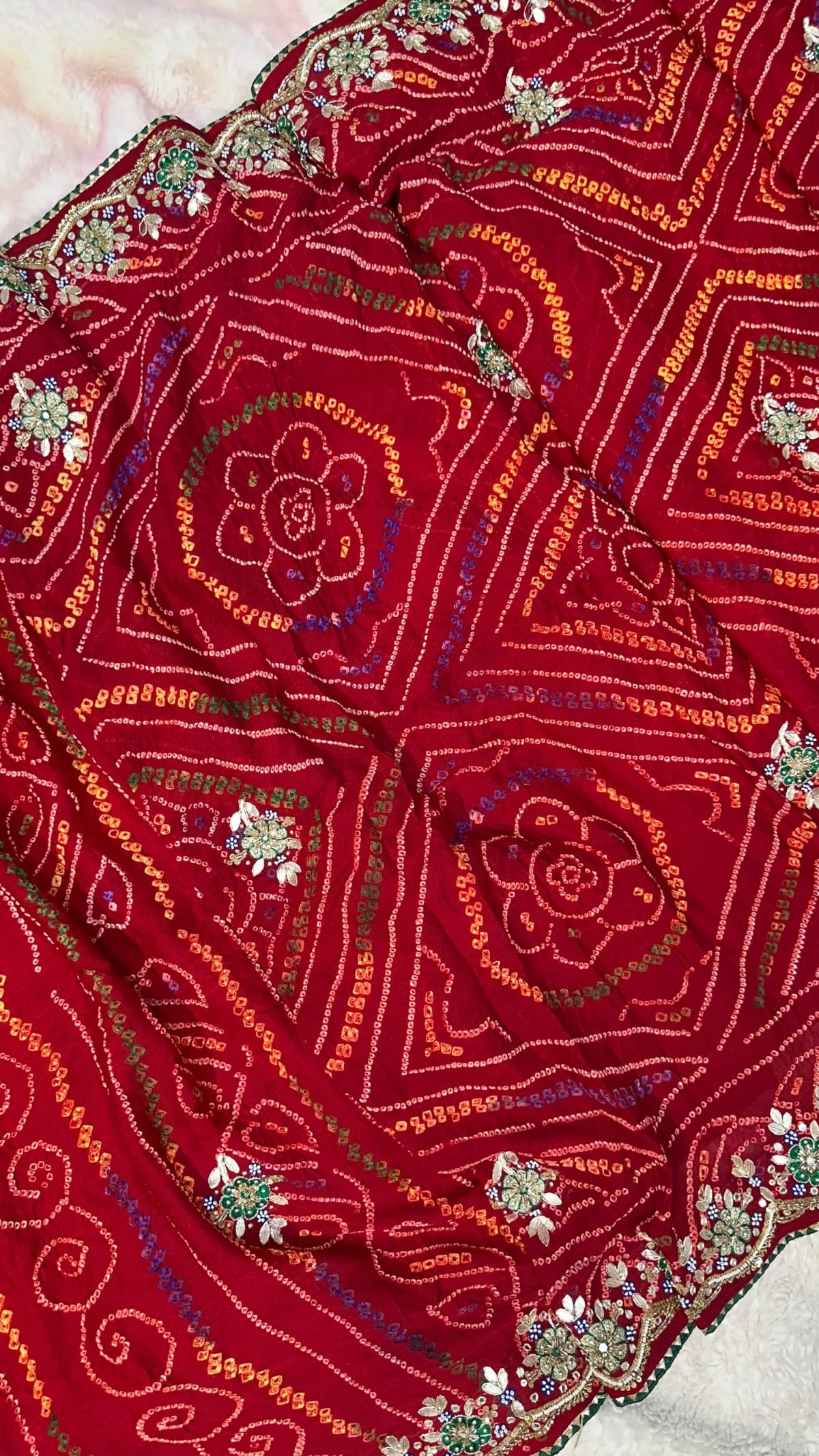 Hand Bandhej Chundri Dupatta with Zardozi Kundan Moti Patti Work in Ojariya Crepe Fabric