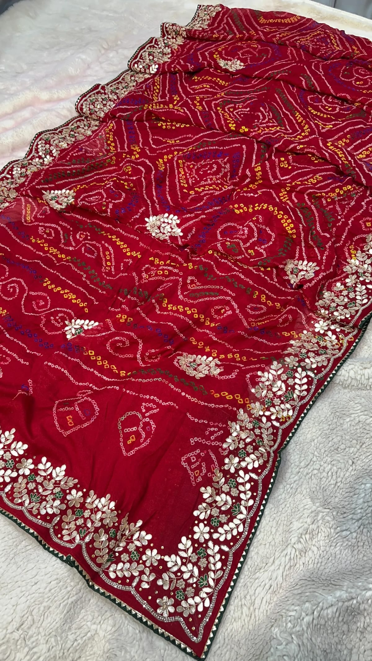 Hand Bandhej Chundri Dupatta with Zardozi Kundan Patti Work in Ojariya Crepe Fabric