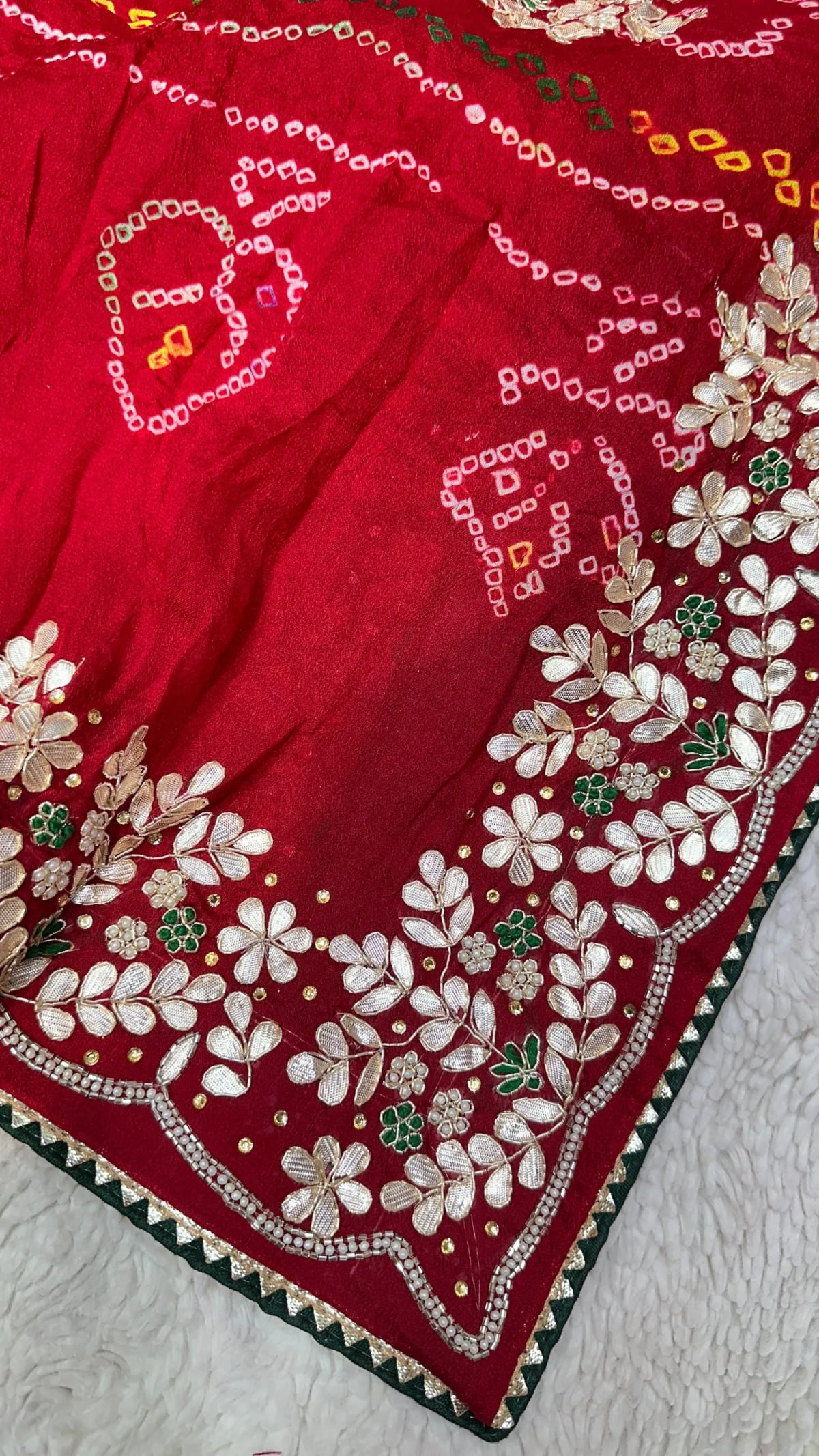 Hand Bandhej Chundri Dupatta with Zardozi Kundan Patti Work in Ojariya Crepe Fabric