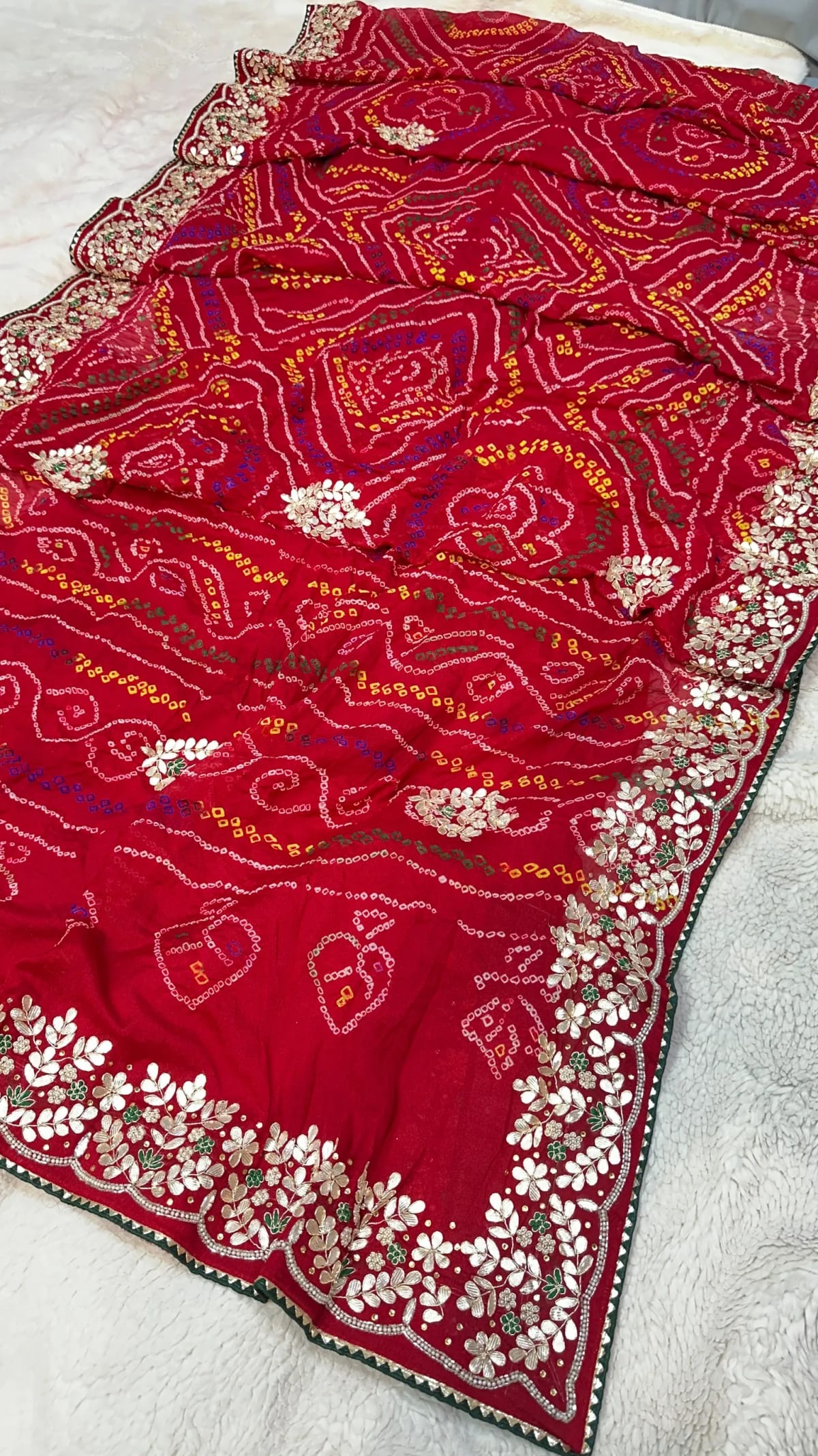 Hand Bandhej Chundri Dupatta with Zardozi Kundan Patti Work in Ojariya Crepe Fabric