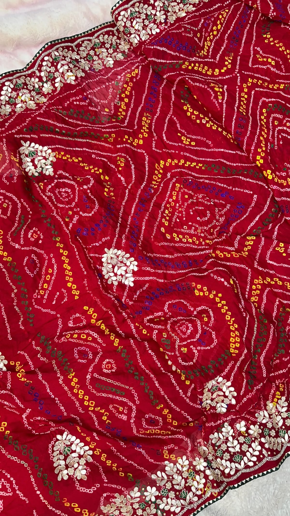 Hand Bandhej Chundri Dupatta with Zardozi Kundan Patti Work in Ojariya Crepe Fabric