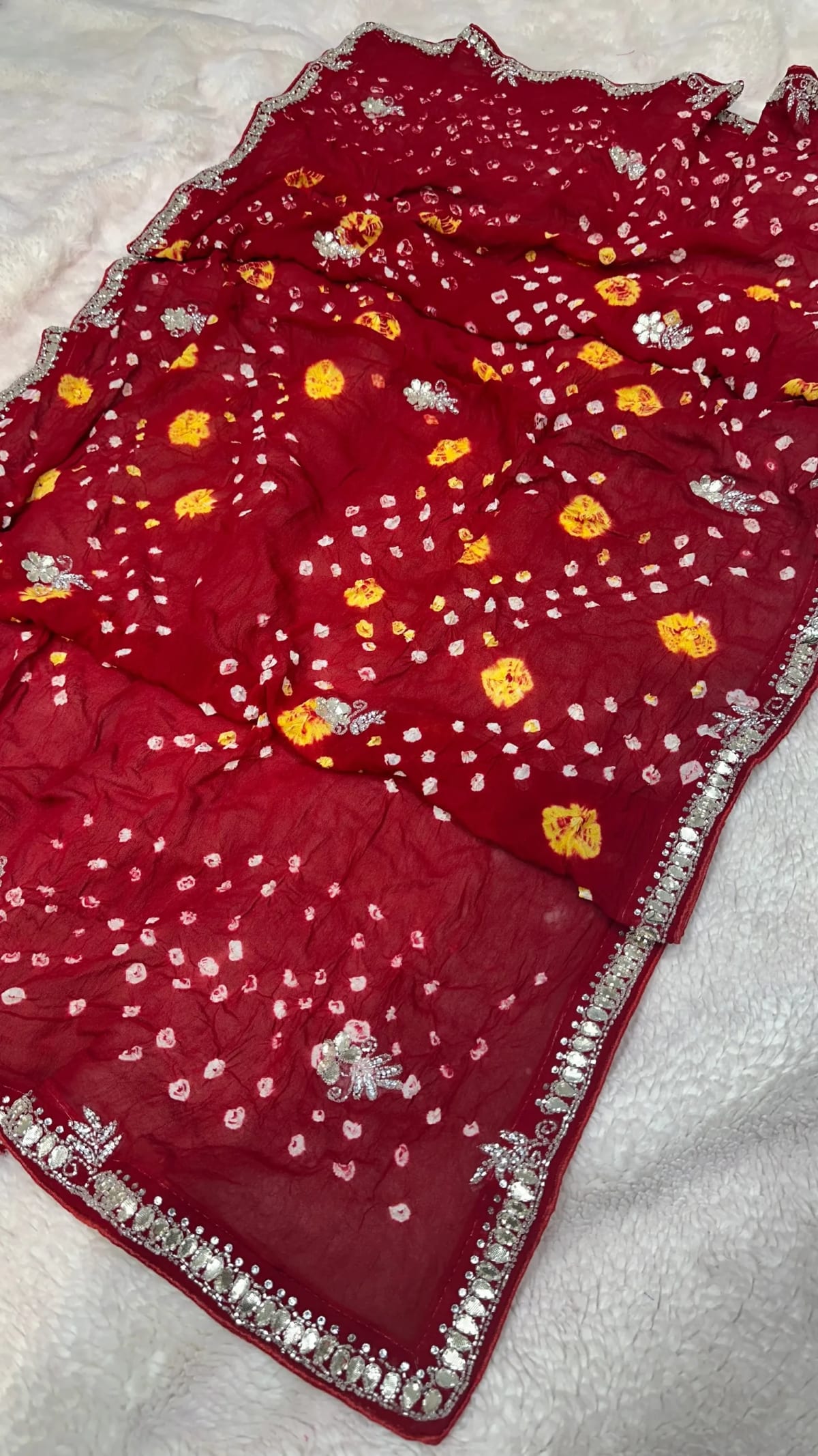 Hand Bandhej Chundri Dupatta in Viscos Georgette Fabric with Kundan Patti Resham Moti Work