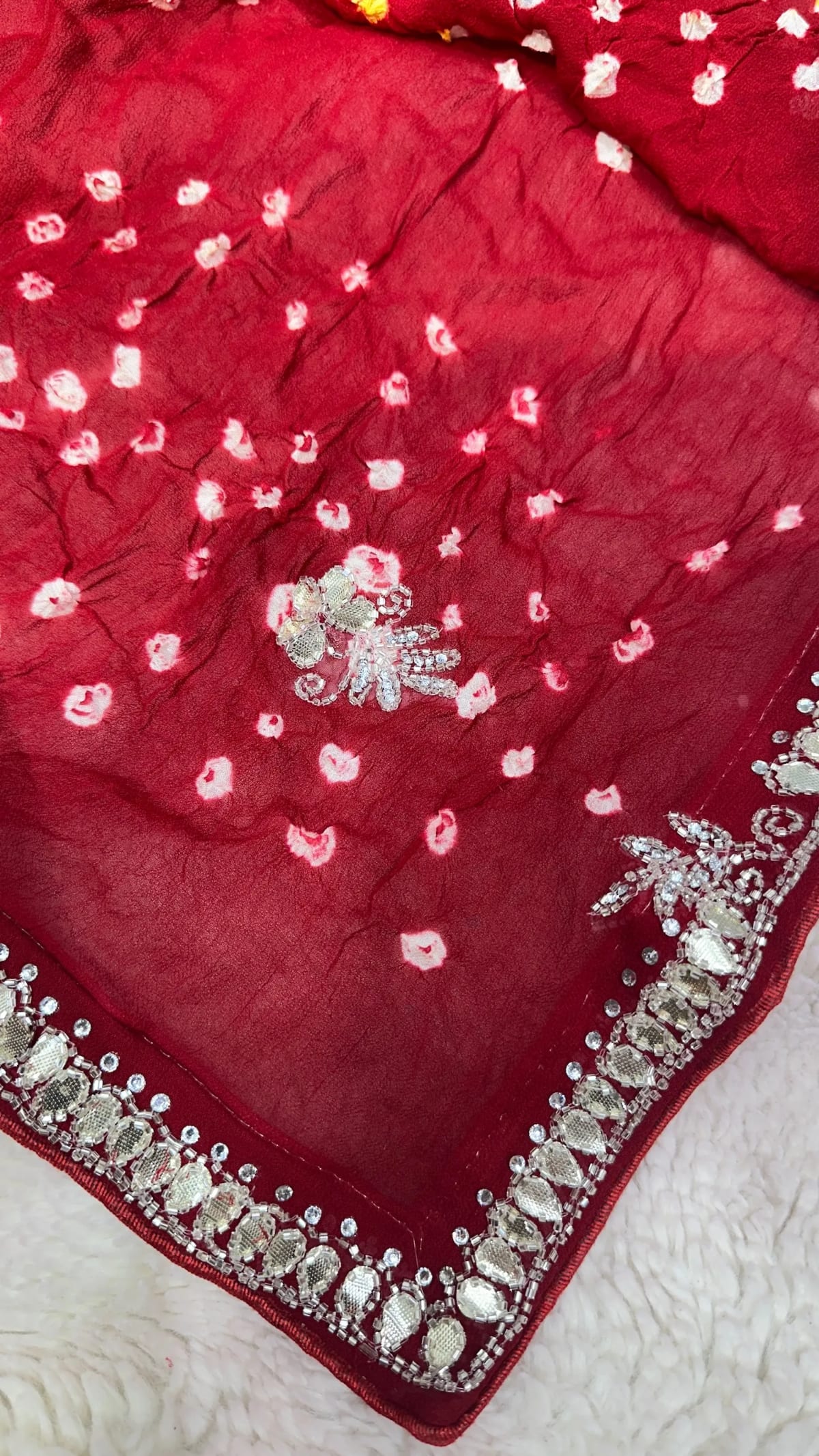 Hand Bandhej Chundri Dupatta in Viscos Georgette Fabric with Kundan Patti Resham Moti Work