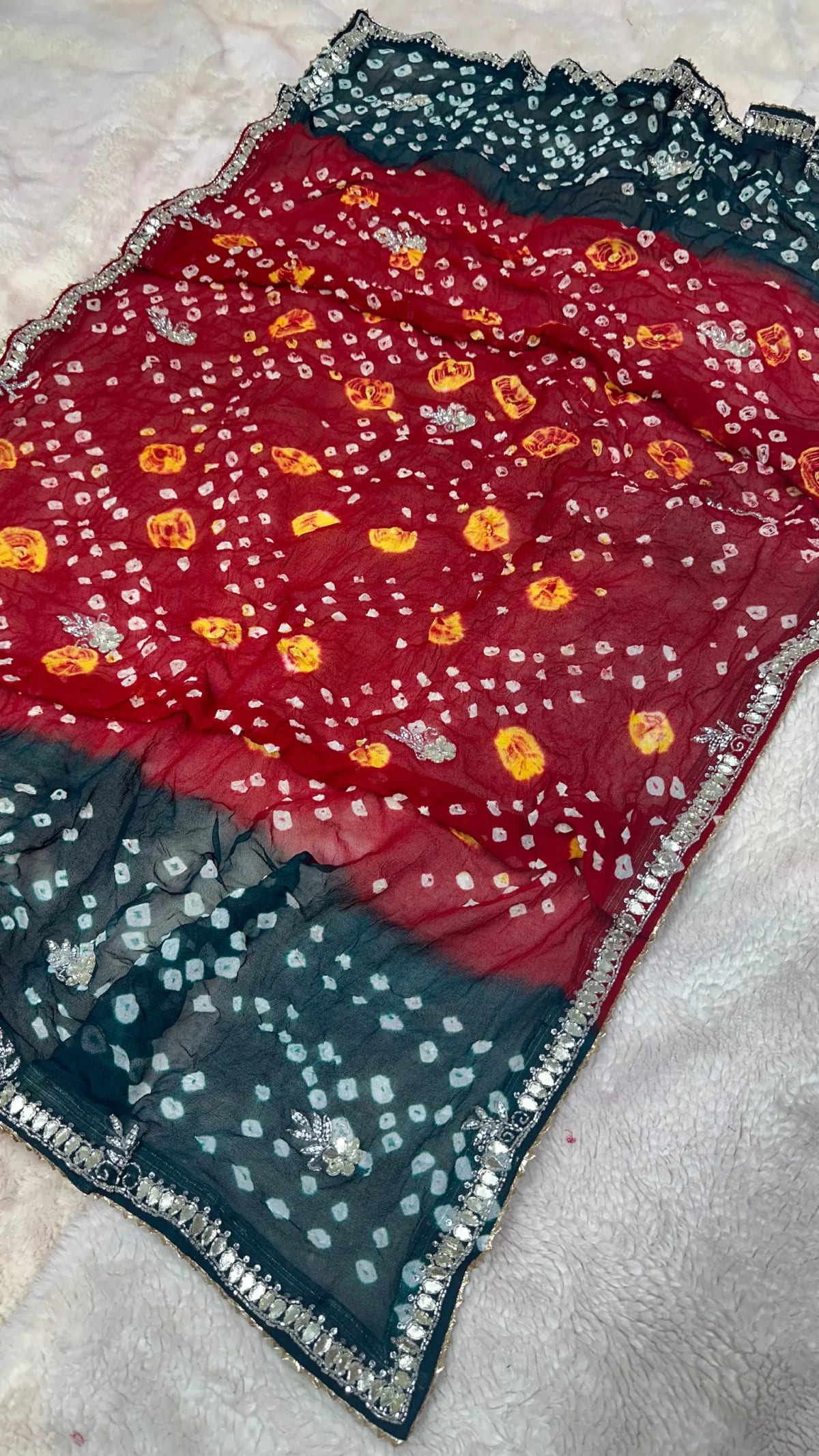 Hand Bandhej Chundri Dupatta in Viscose Georgette with Kundan Patti Resham Moti Work
