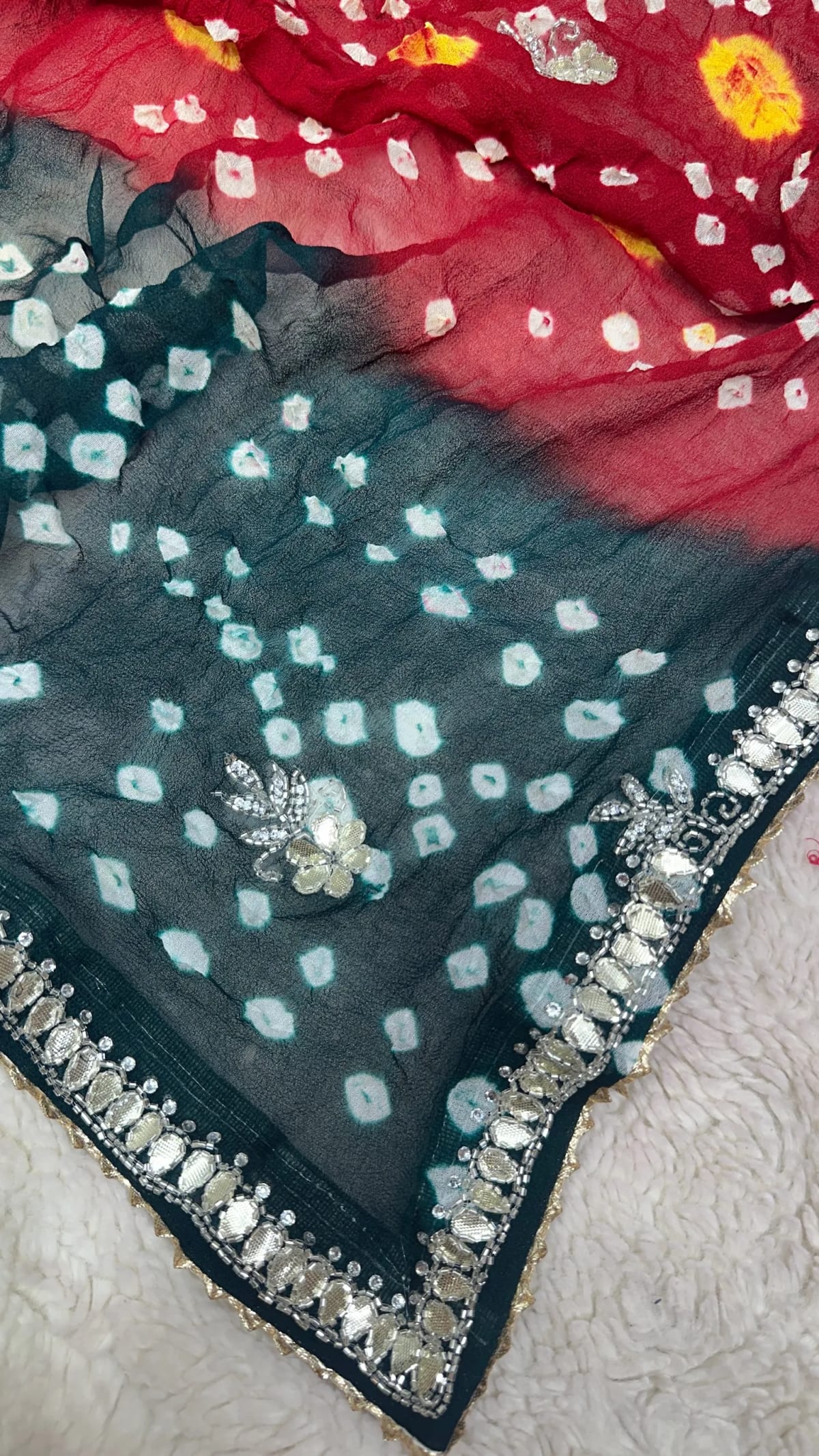Hand Bandhej Chundri Dupatta in Viscose Georgette with Kundan Patti Resham Moti Work