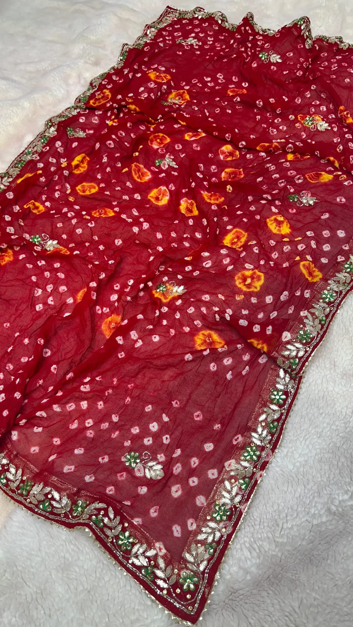 Hand Bandhej Chundri Dupatta in Viscos Georgette Fabric with Kundan Patti Resham Moti Work