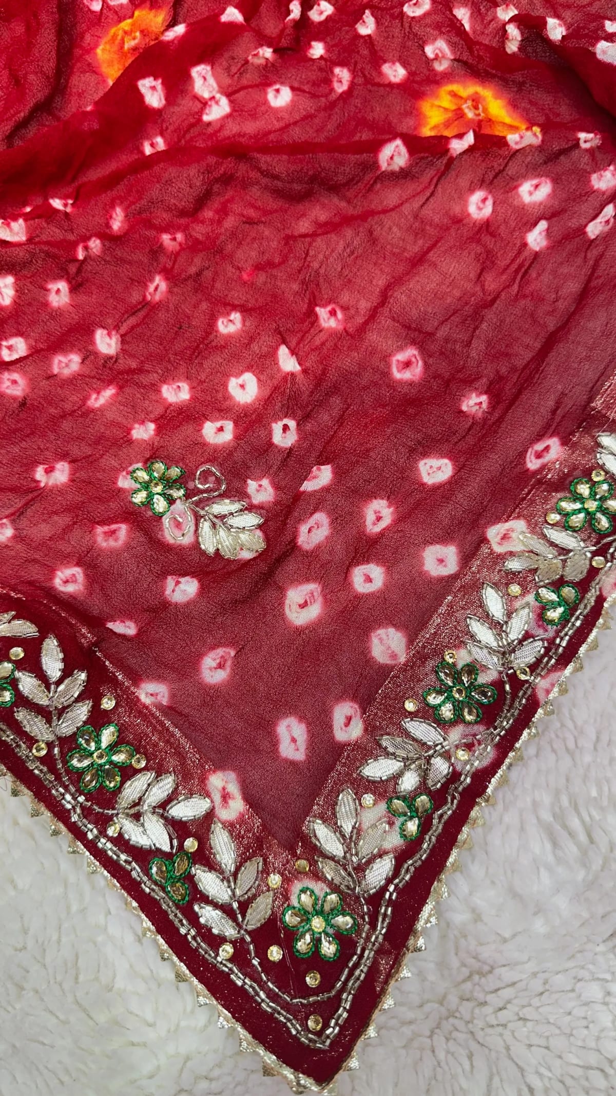 Hand Bandhej Chundri Dupatta in Viscos Georgette Fabric with Kundan Patti Resham Moti Work