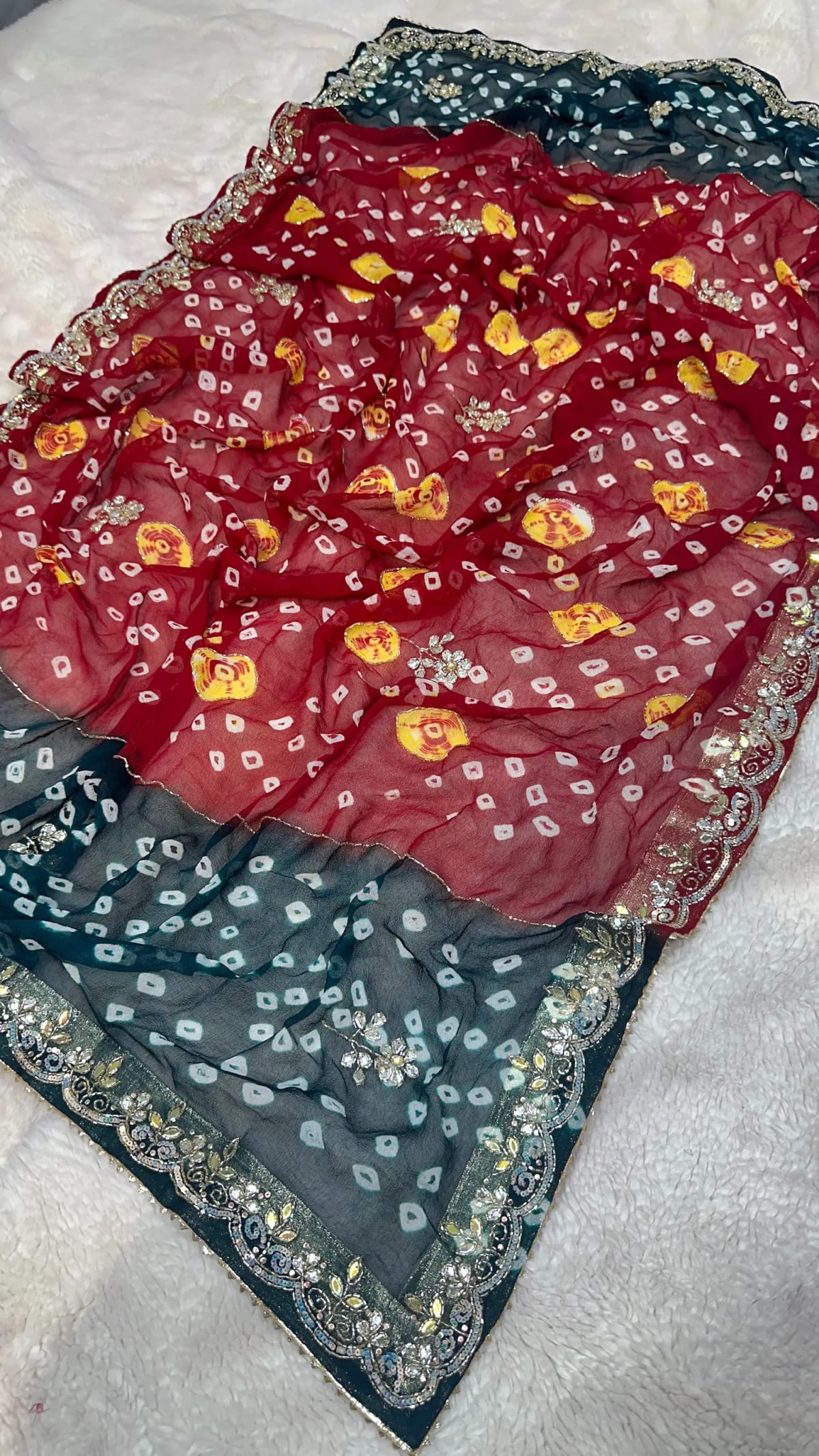 Hand Bandhej Chundri Dupatta in Viscos Georgette with Tie Dye Colour, Kundan Patti & Resham Moti Work