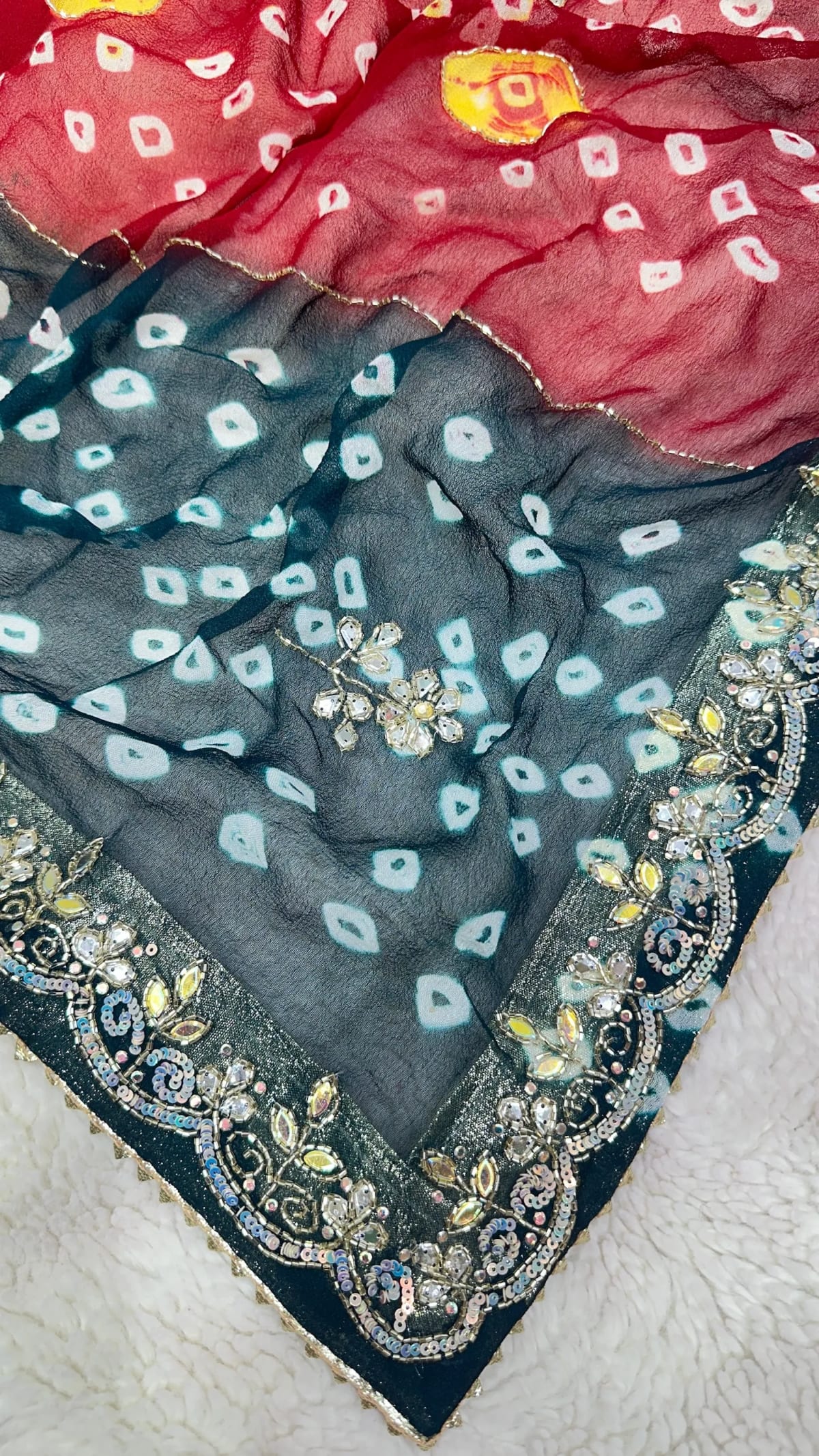 Hand Bandhej Chundri Dupatta in Viscos Georgette with Tie Dye Colour, Kundan Patti & Resham Moti Work