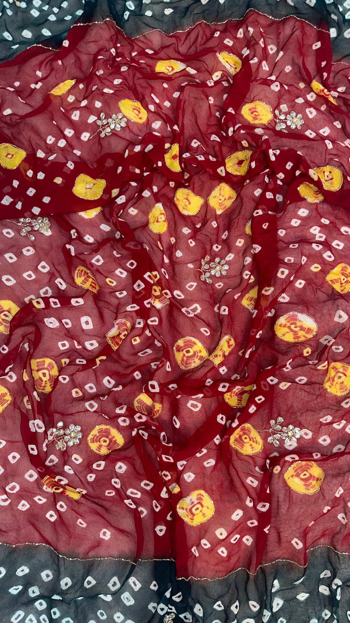 Hand Bandhej Chundri Dupatta in Viscos Georgette with Tie Dye Colour, Kundan Patti & Resham Moti Work