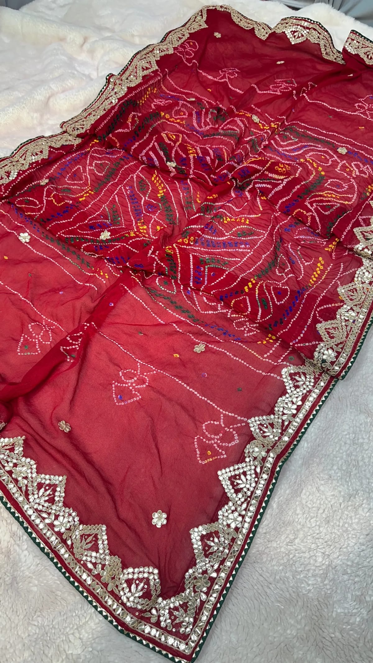 Hand Bandhej Chundri Dupatta in Pure Ojariya Crepe Fabric with Handmade Zero Gota Patti Kasyap Work