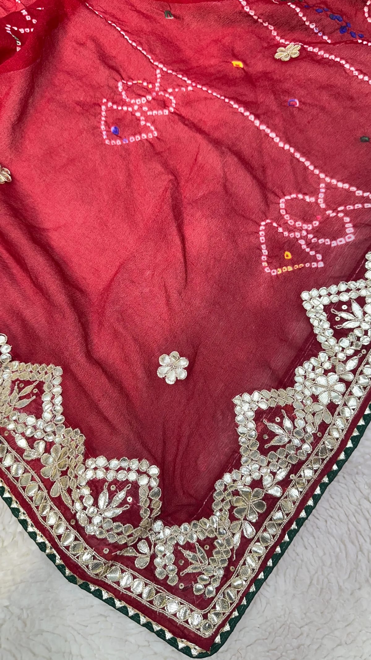 Hand Bandhej Chundri Dupatta in Pure Ojariya Crepe Fabric with Handmade Zero Gota Patti Kasyap Work