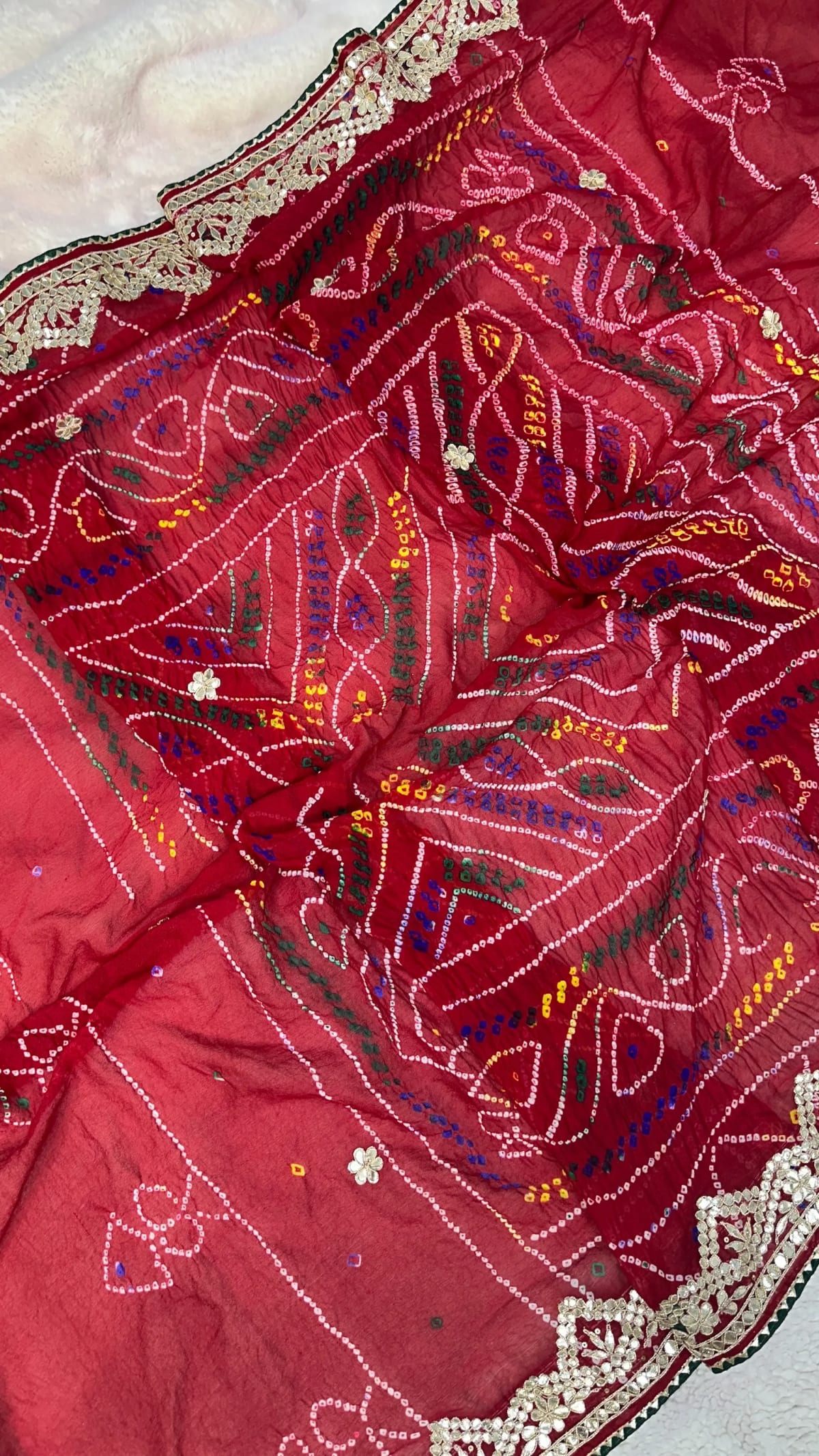 Hand Bandhej Chundri Dupatta in Pure Ojariya Crepe Fabric with Handmade Zero Gota Patti Kasyap Work