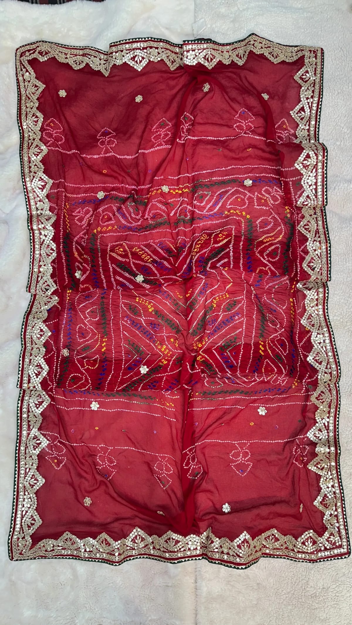 Hand Bandhej Chundri Dupatta in Pure Ojariya Crepe Fabric with Handmade Zero Gota Patti Kasyap Work