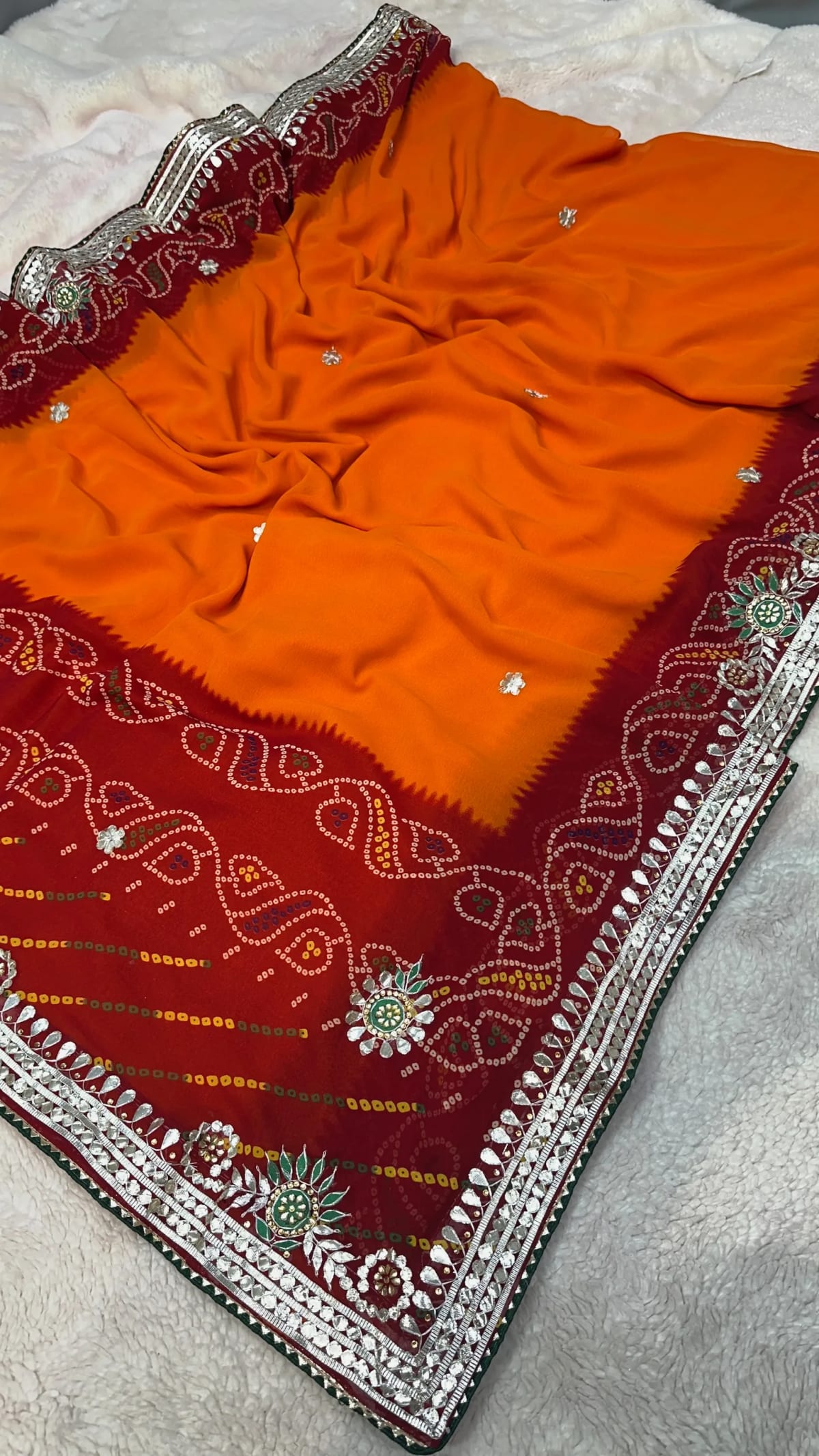 Bandhej Pilla Saree in Georgette Fabric with Gotta Patti Kundan Work
